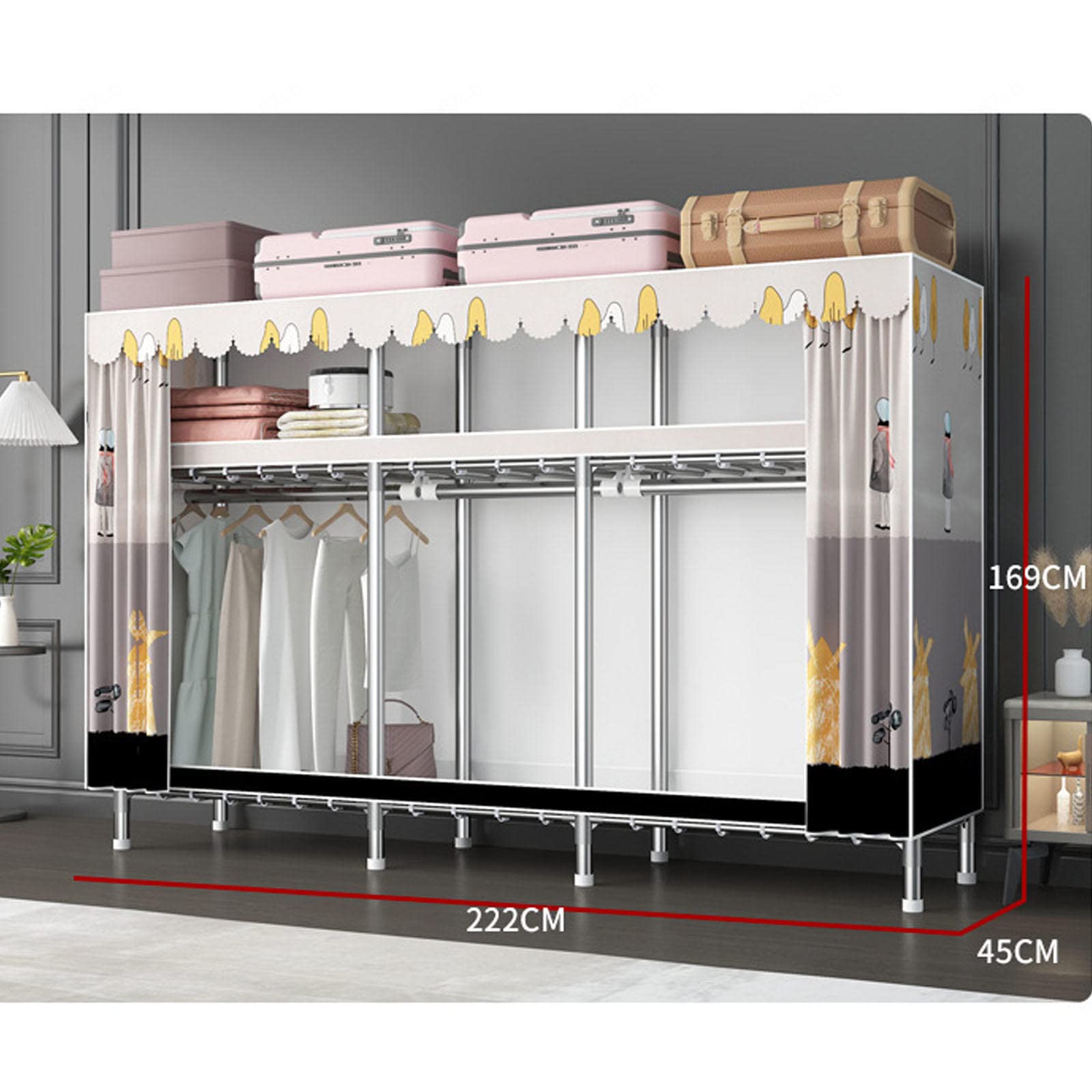 Kleiderschrank Tragbare Kleiderschrankregale mit Kleiderstange, Regale, Kleiderschrank-Aufbewahrungsorganisator für Schlafzimmer, Wohnzimmer,C-222x45x169cm