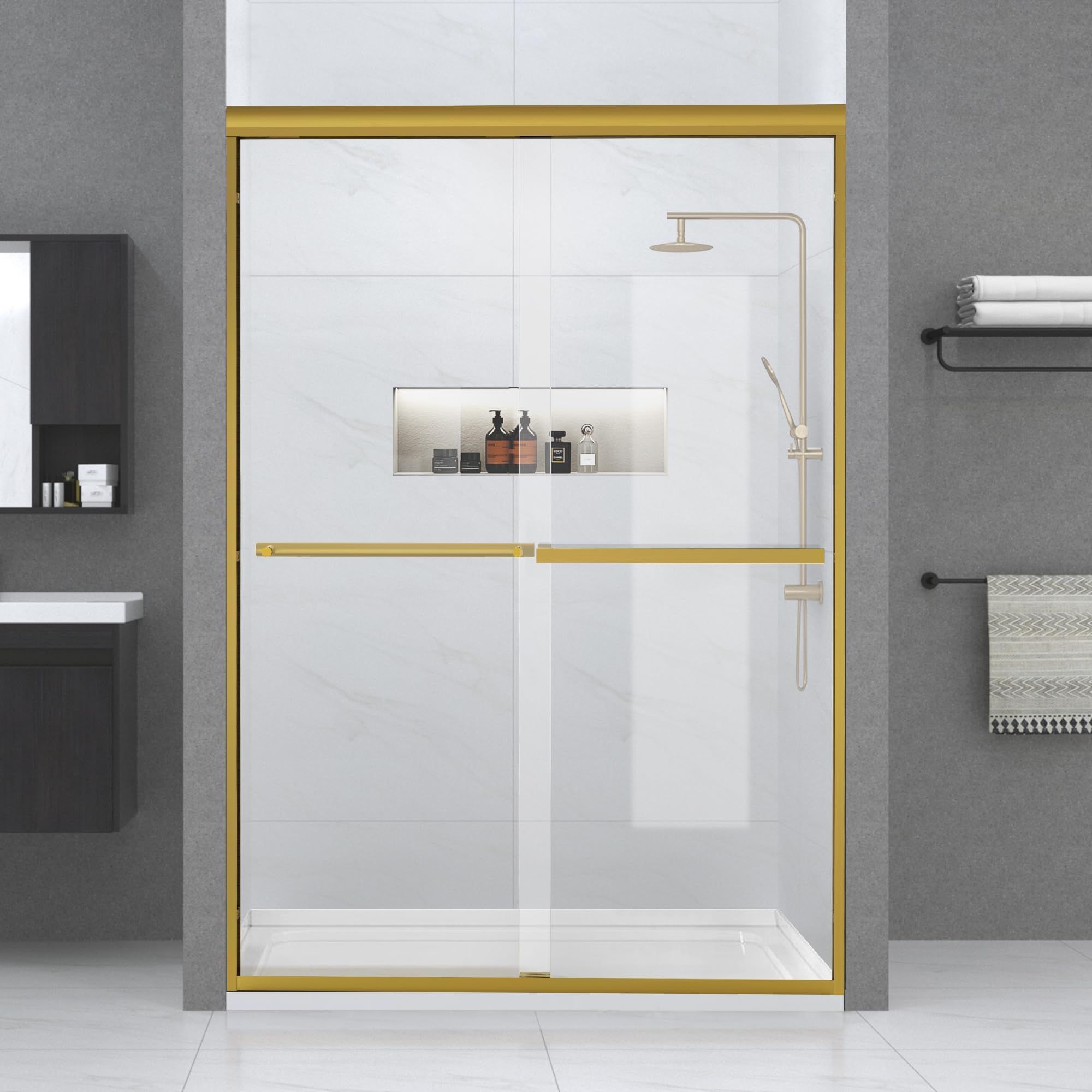Bathroom Shower Sliding Door, 56"-60" W×72" H Framed Fixed Door for Shower Enclosure, 1/4"(6mm) Thick Clear Tempered Glass with Handles, Brushed Gold Finish