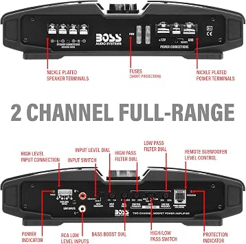 BOSS Audio Systems PT1600 Phantom Series Car Stereo Amplifier 1600 High Output, 2 Channel, Class A/B, 2/4 Ohm, High/Low Level Inputs, High/Low Pass Crossover, Full Range, Mosfet, Bridgeable