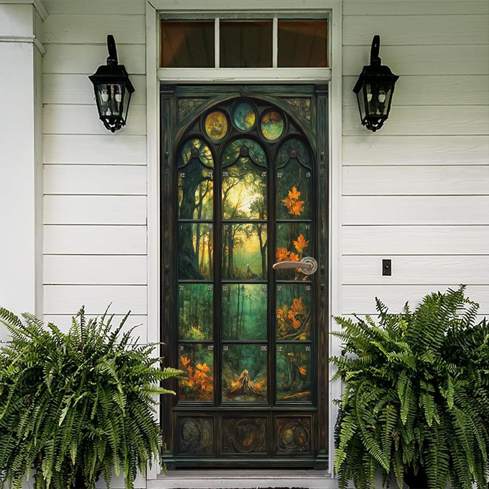 REDAMANCY Vintage Dark Green Stained Glass Arch Landscape Autumn Forest Peel and Stick Door Stickers Vinyl Decals Decor Modern Self-Adhesive, Waterproof, Removable