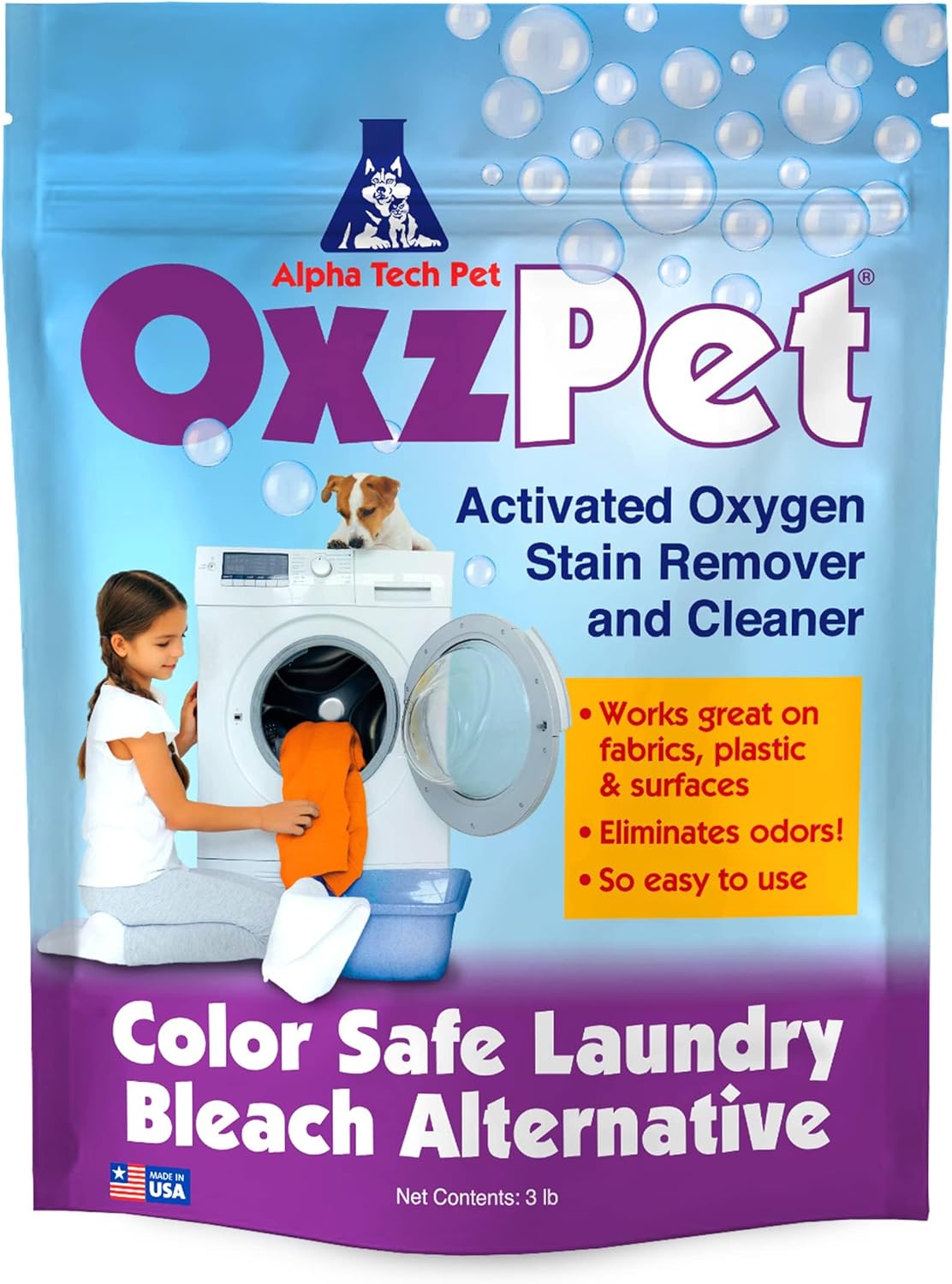 OxzPet Laundry Whitener – Color Safe Bleach Alternative, Stain and Odor Eliminator Pet Detergent for Fabrics and Surfaces, 3 LB by Alpha Tech Pet