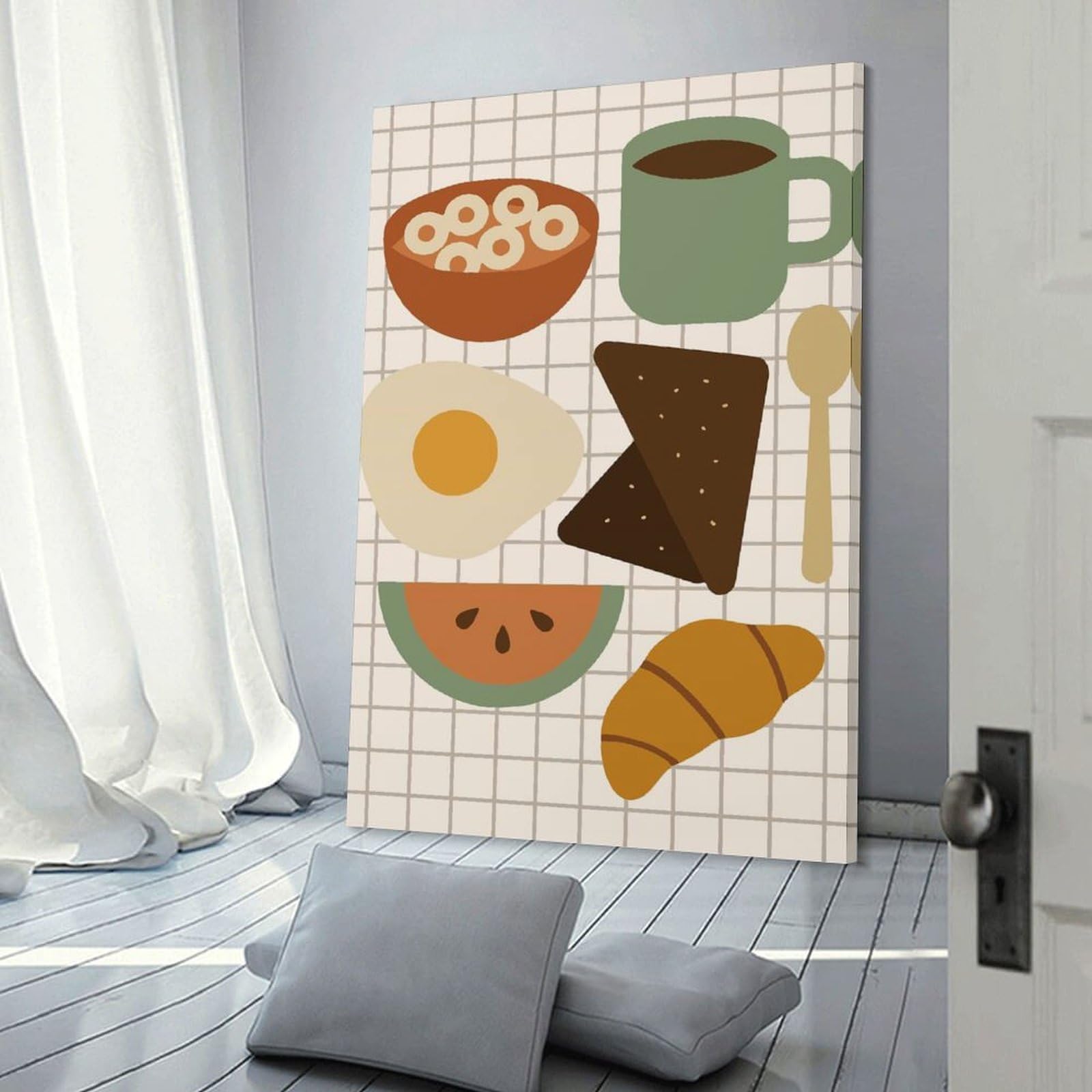 Junmoney Canvas Art Print Breakfast Still Life Illustration, 12x18inch(30x45cm), for Small Homes, Bedrooms Or Open Spaces, A Simple Refresh for Blank Walls