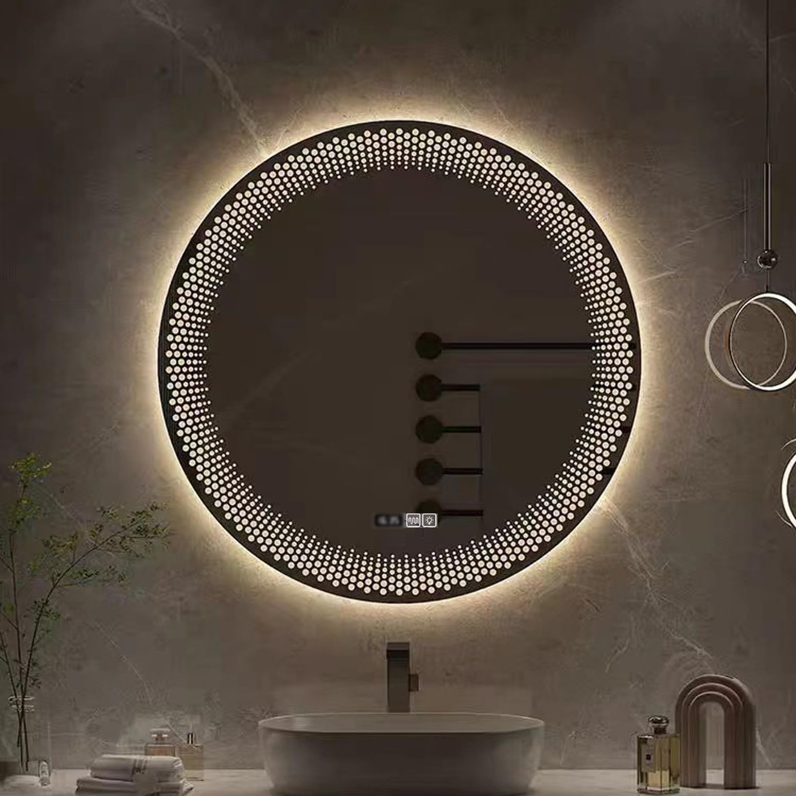 WJFTODAY Smart Round Wall-Mounted Makeup Mirror with Light | Frameless Anti-Fog, 3-Color Dimmable, Shatterproof Vanity Mirror for Bathroom | Smart Backlit with Time & Temperature Display