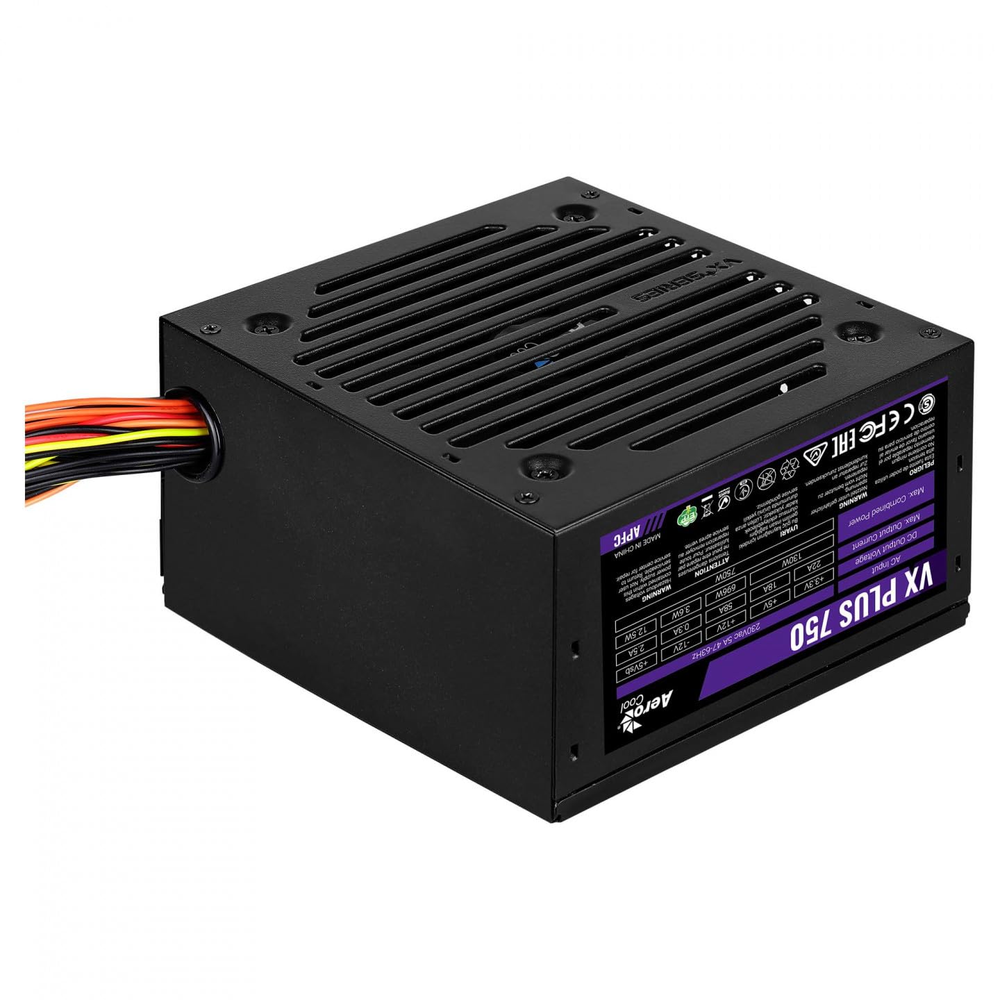 Aerocool Power Supply Unit VX PLUS 750, Silent 12cm fan with optimized thermal fan speed control, Compatible with ATX 12V 2.3