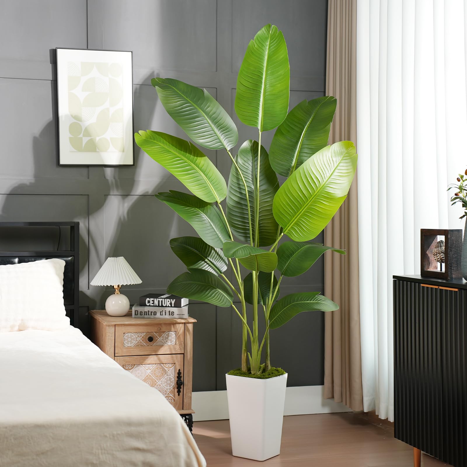 Keeplush 7ft Artificial Bird of Paradise Plants with White Planter, Tall Tropical Palm Tree with 13 Banana Leaves, Artificial Silk Plants Indoor for Office Floor Room Decor