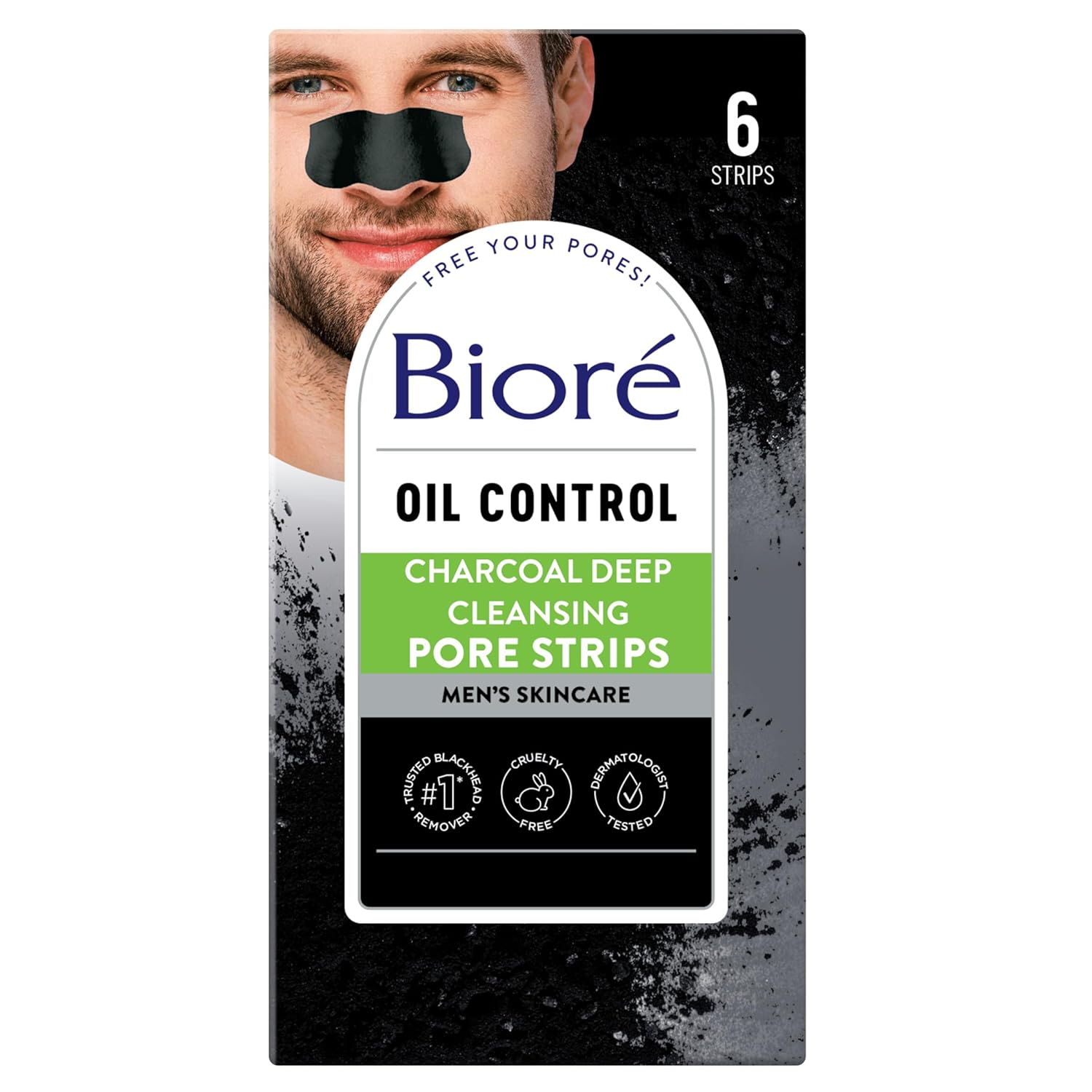 Bioré Men's Pore Strips for Blackhead Removal - Deep Cleansing Nose Strips With Natural Charcoal for Instant Pore Unclogging, 6 Count Mens Charcoal Pore Strips 6 Count (Pack of 1)