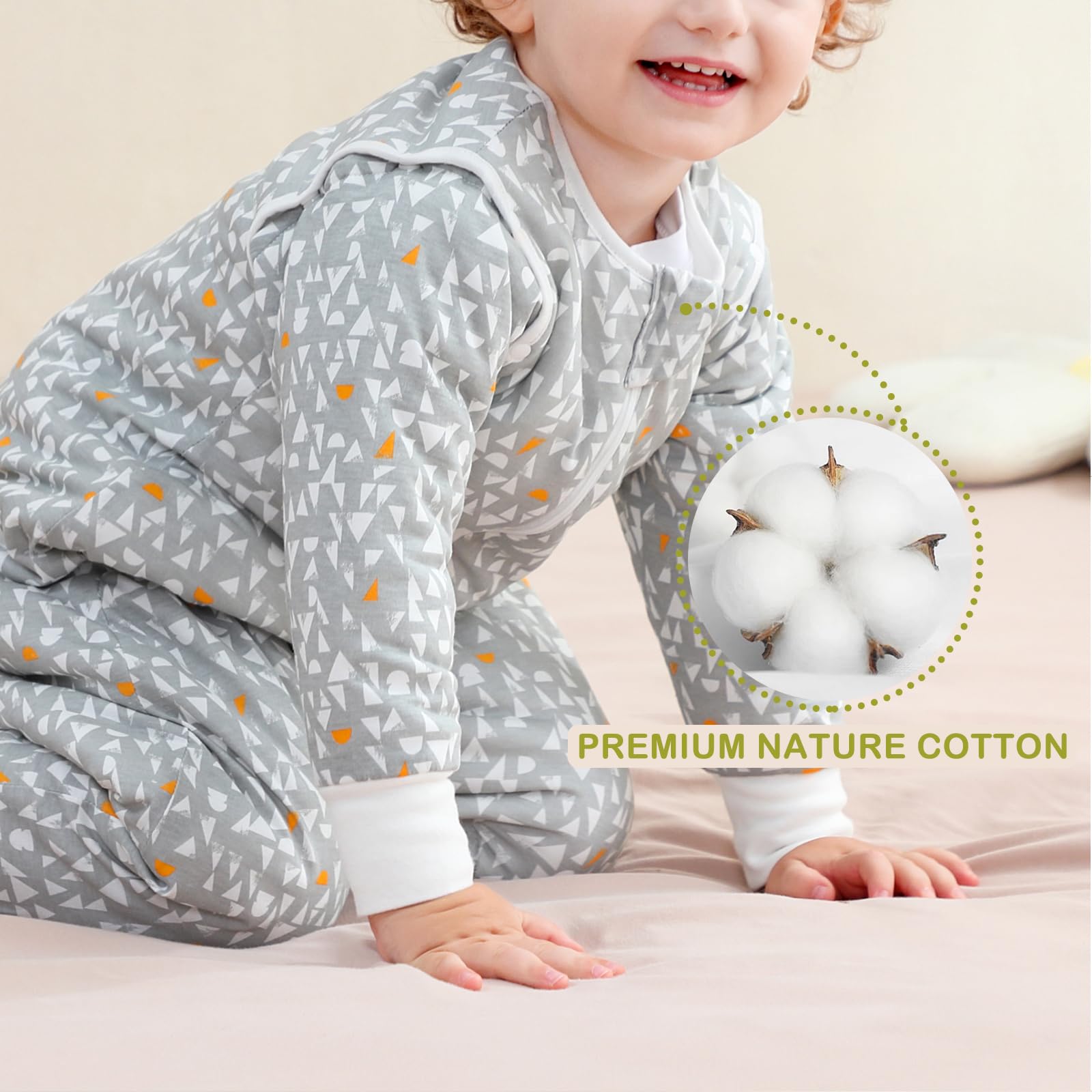 Nivolltha Removable Long Sleeves 2.5 TOG Baby Sleeping Bag with Feet, 100% Cotton Winter Toddler Sleep Sack with Legs, Graphic, Size S - Image 4