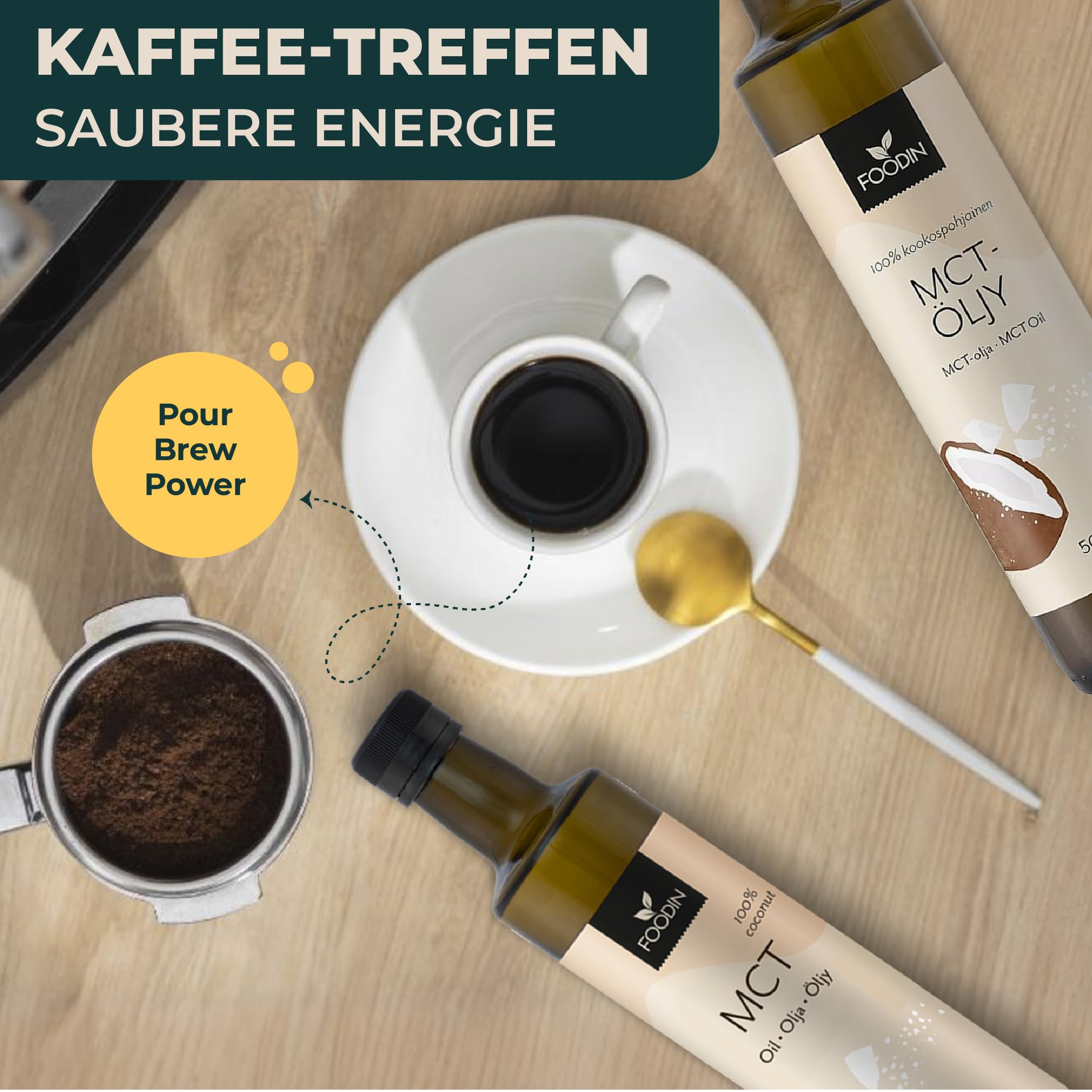 FOODIN MCT Öl 1000ml (2 x 500 ml) aus 100% Kokosöl, Medium-Chain Triglyceride (MCT) Oil, Hergestellt aus produzierter Kokosnuss, 100% glutenfrei und vegan, Ideal für Ketogene Ernährung
