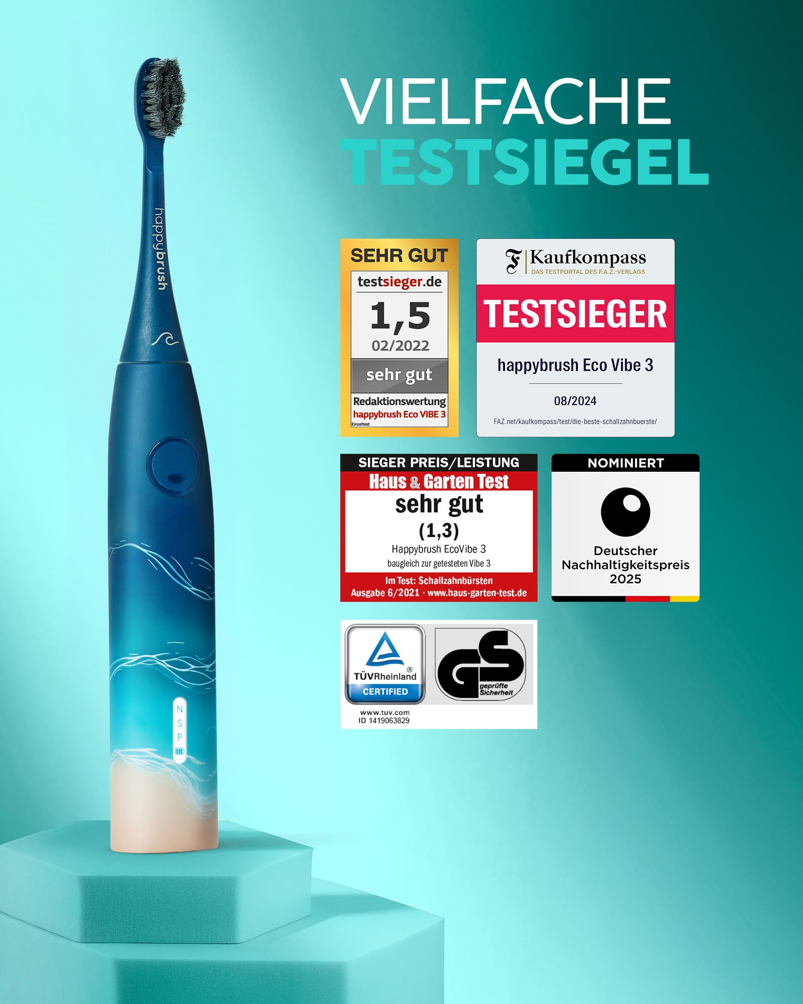 happybrush [Testsieger*] Elektrische Schallzahnbürste Eco VIBE 3 - Nachhaltige Zahnbürste mit 6 Wochen Power-Akku inkl. 1 Aufsteckbürste - Ocean Einzelpack