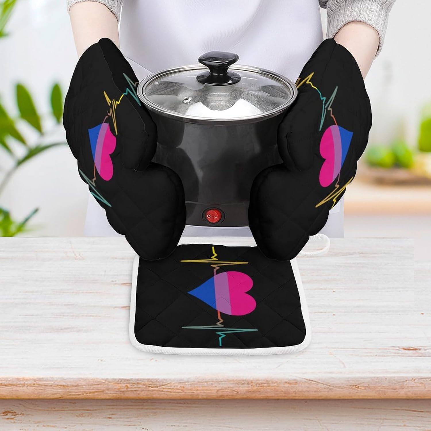 Bisexual Proud Heart Print Oven Mitts and Pot Holders 3 Piece Sets Heat Resistant Gloves Hot Pads Potholders for Kitchen Baking Cooking