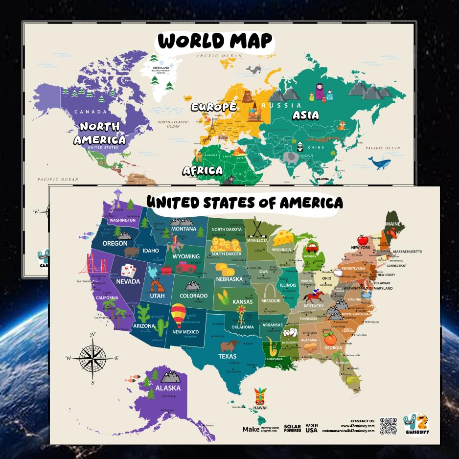Large 24" x 36" Illustrated World Map & USA Map for Kids – Laminated Write-On Wipe-Off Educational Wall Maps for Classroom & Homeschool – Made in USA – by 42 Curiosity