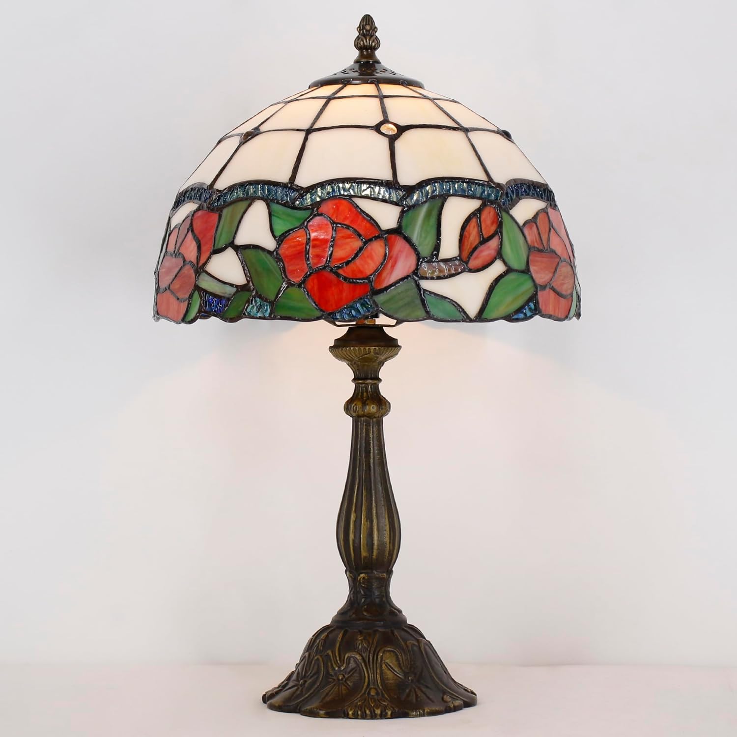 Tiffany Lamp Touch Control Table Lamp Red Rose Flower Style Stained Glass Desk Lamp 12X12X19 Inches Reading Light