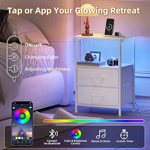 Miniatura 4 de Somdot Mesita de noche blanca con estación de carga y luz LED para dormitorio, cómoda de 2 cajones con contenedores de tela para mesita de noche,