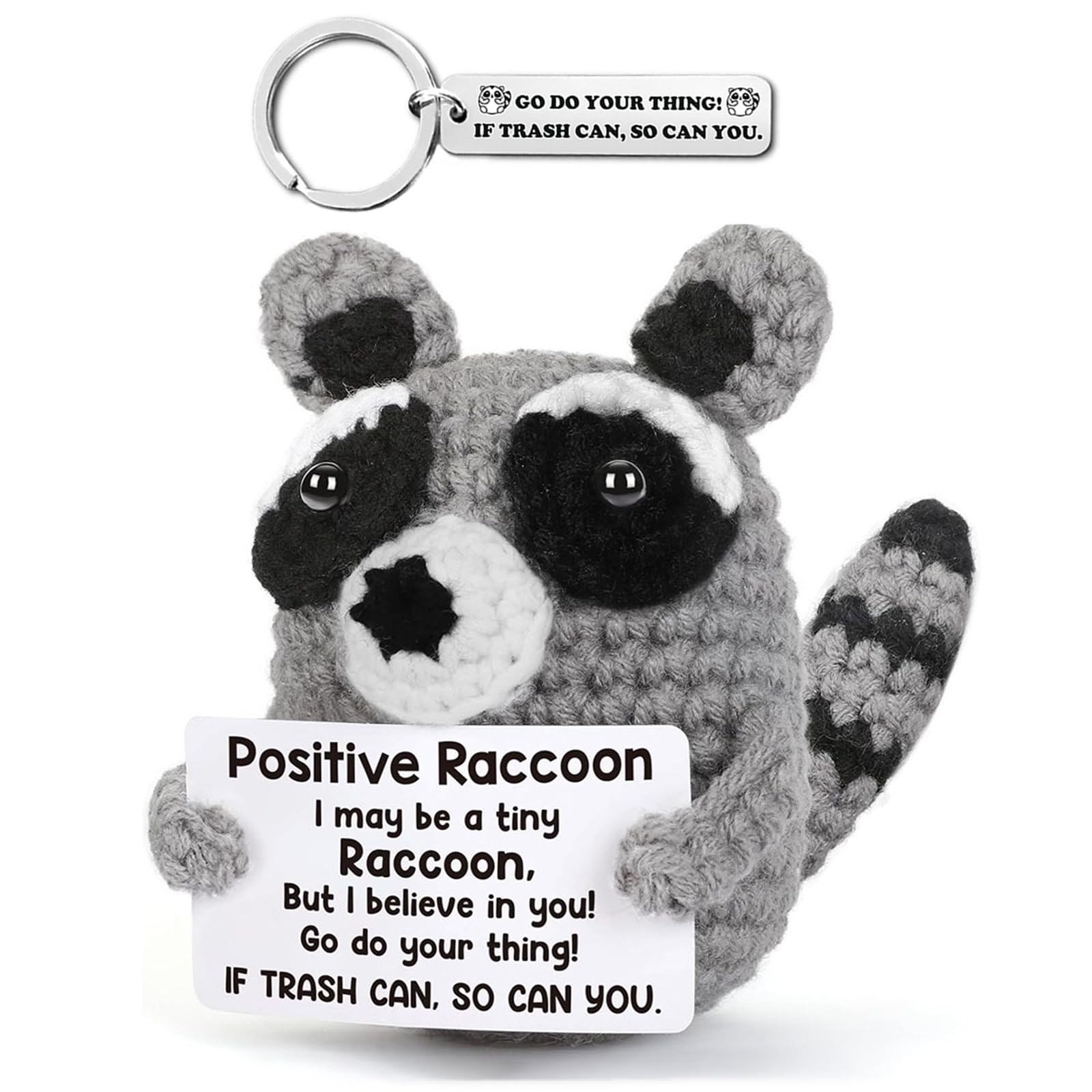 Positive Raccoon, Emotional Support Crochet Doll with Inspirational Card, Raccoon Charm Keychain, Encouragement Present, Birthday Gifts for Her, Him, Friends, Coworker, Bestie, Home Office Décor — image 1