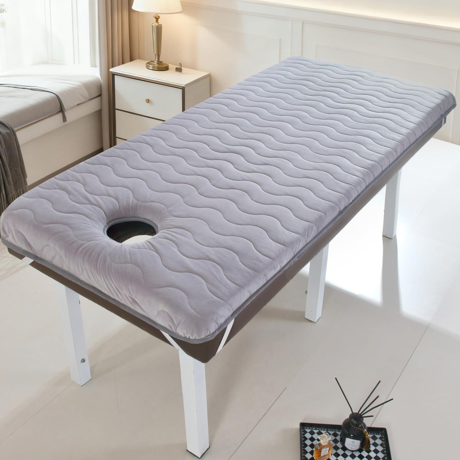 B/Grey,190 * 70cm(S),LDLCYCN Memory Foam Massage Bed Mattress Topper Thick 4Cm Beauty Salon Mattress Pad with Elastic Straps Spa Bed Pad with Hole Lash Bed Topper Square/Round/Trapezoidal Head