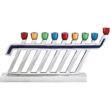 Ner Mitzvah Aluminum Candle Menorah - Silverstone Multicolored Tip - Modern Decorative Menorah for Chanukah - Fits All Standard Chanukah Candles - Gliding Glissando