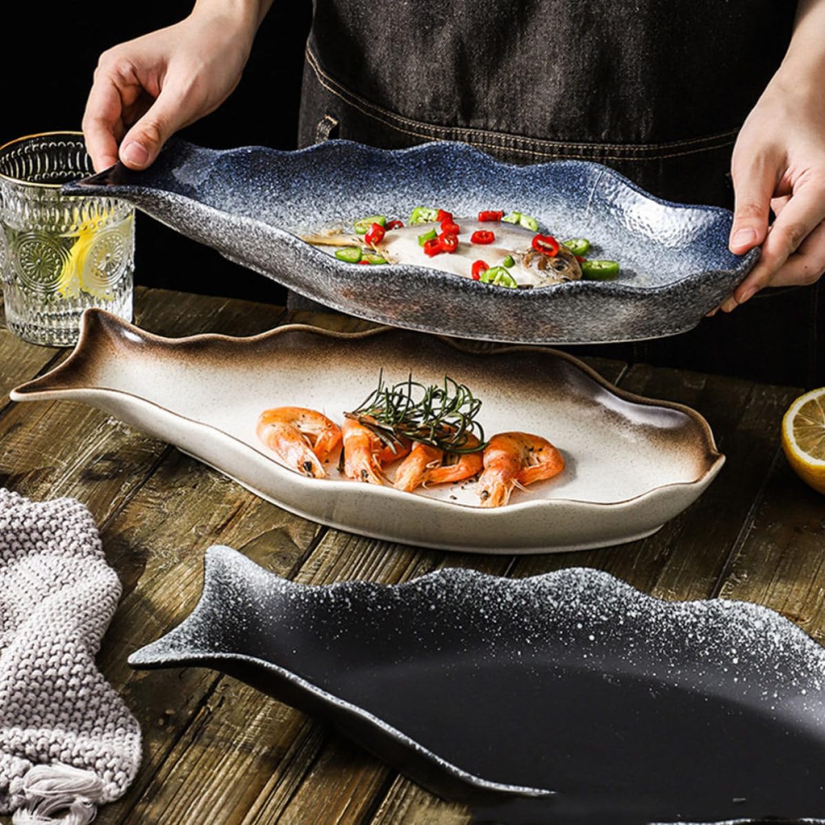USHOBE Plato para Servir Pescado de Cerámica Estilo Japonés Diseño Creativo y Tacto Cómodo Adecuado para Hotel y Restaurante