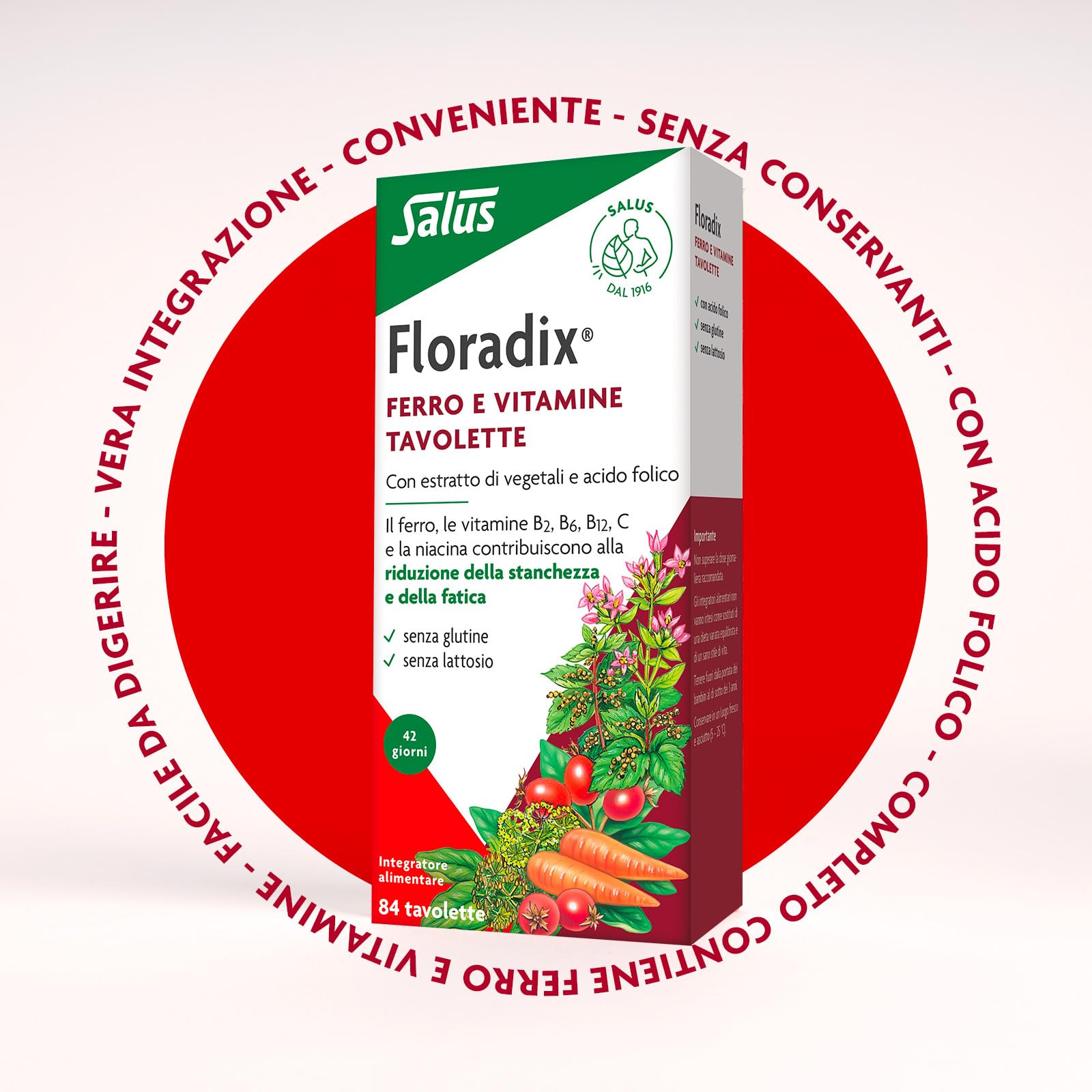 Salus Floradix - Integratore alimentare con Ferro e Vitamine per contribuire a ridurre la stanchezza e la fatica - 84 tavolette x 42 giorni