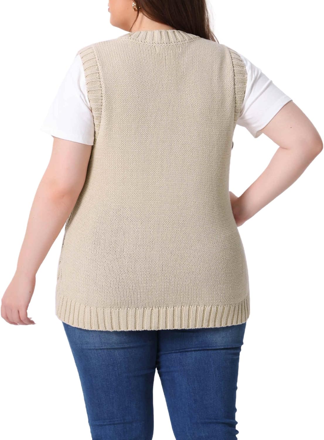 Agnes Orinda Plus Size Sweater Vest for Women Knitted Crew Neck Sleeveless Pocket Pullober Sweater Tops