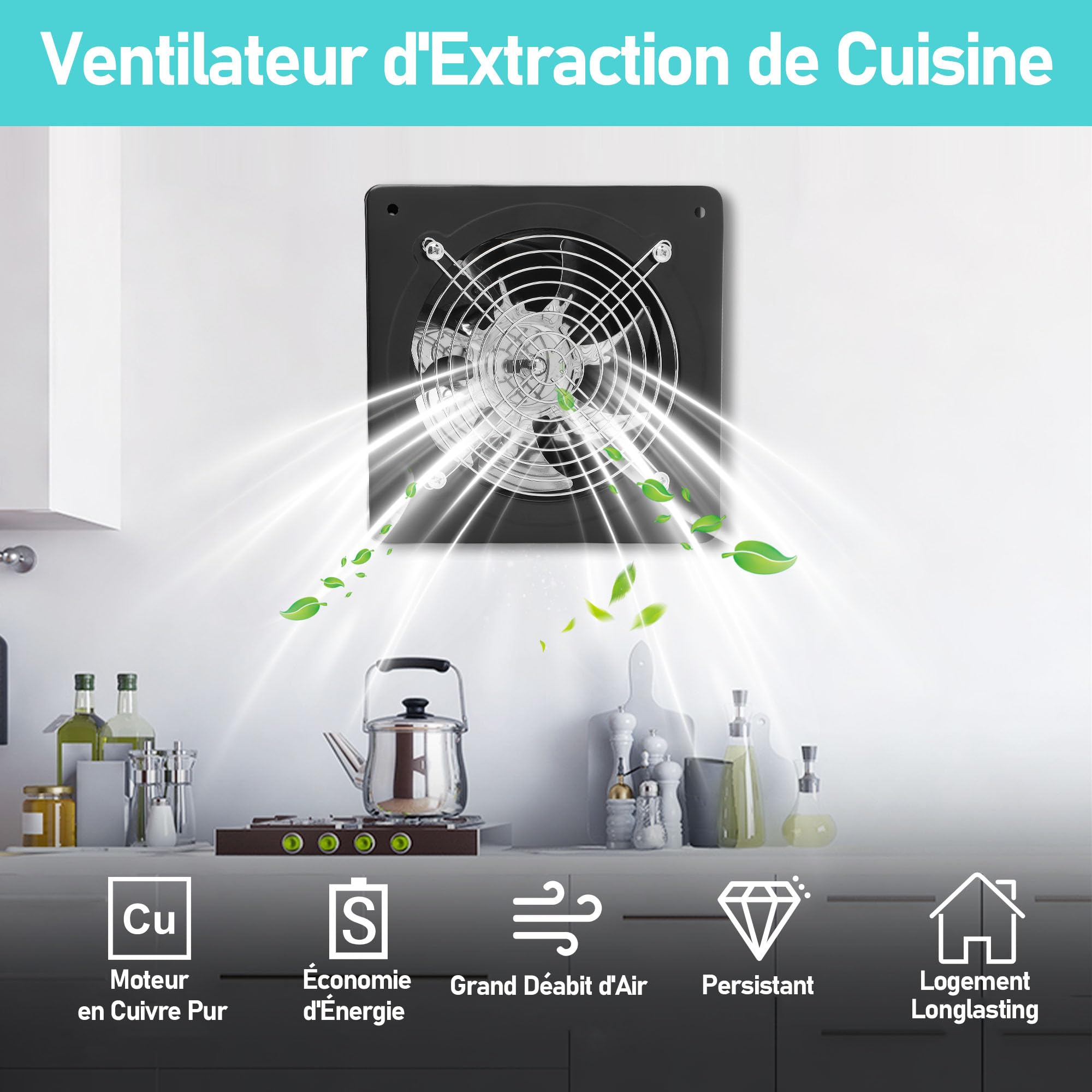 100mm Ventilateur Extracteur d’Air avec Interrupteur, 4 Inch 140m³/h Ventilateur Extraction Cuisine Mural pour Maison Salle de Bain Garage Industriel(Noir)