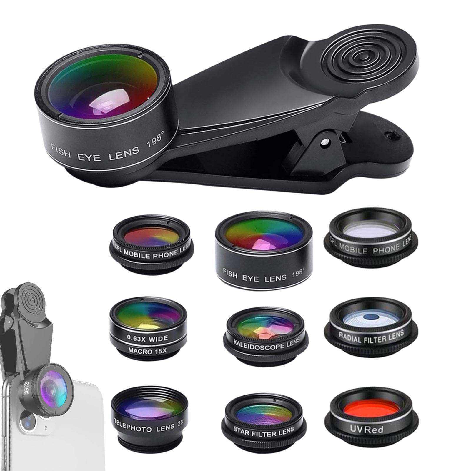 Set di 2 per smartphone – Set di obiettivi per cellulare | macro vetro clip fotocamera | Strumenti universali per cellulare, grandangolare macro 198-Fisheye 198, alloggiamento in lega