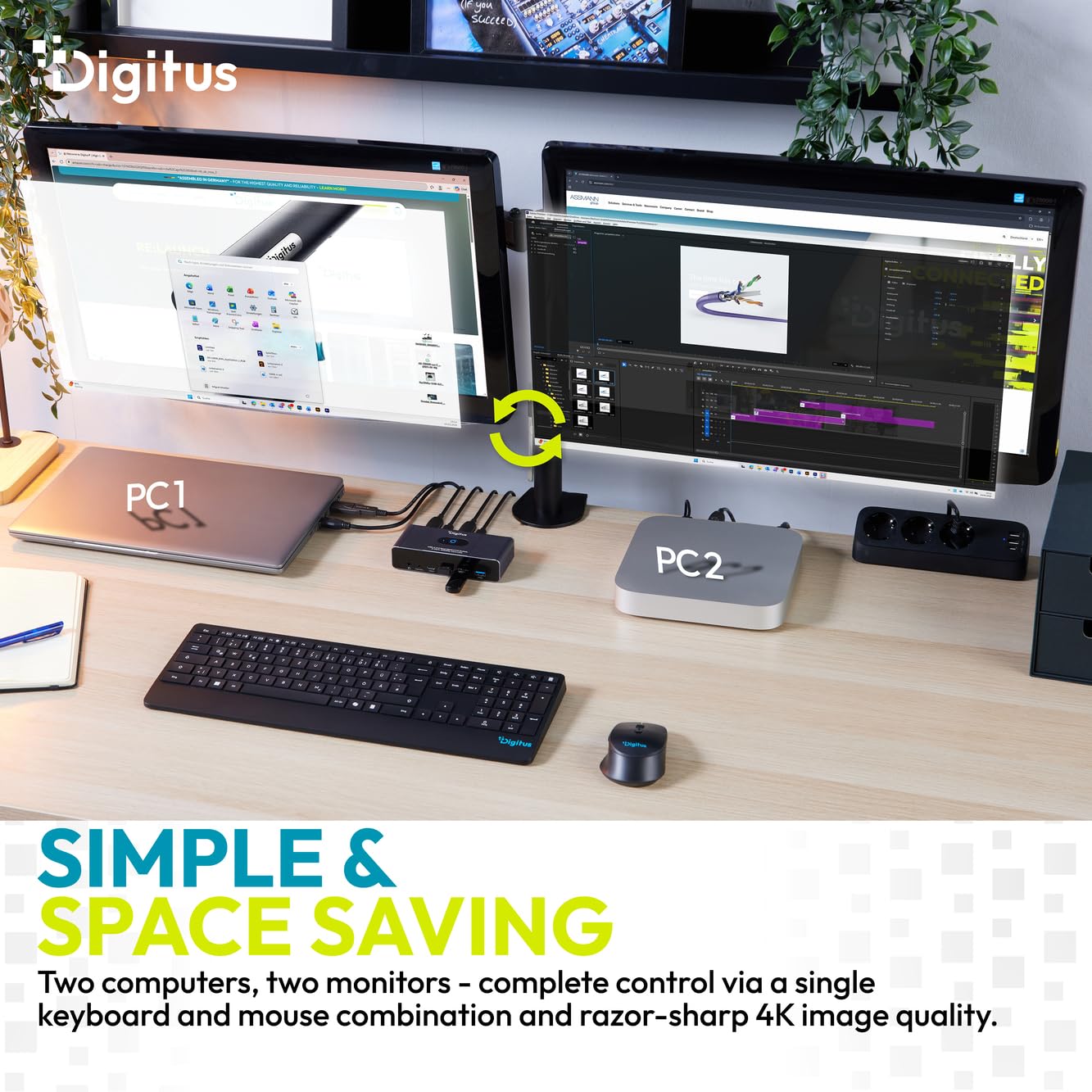 DIGITUS USB-C KVM-Switch – 2 PC 2 Monitore – 3X USB-A, 1x Typ-C 5 Gbit/s | 2x HDMI 2.0 UltraHD 4K 60Hz pro System – 3,5 mm Klinke – Kabelgebundene Fernbedienung – Grau