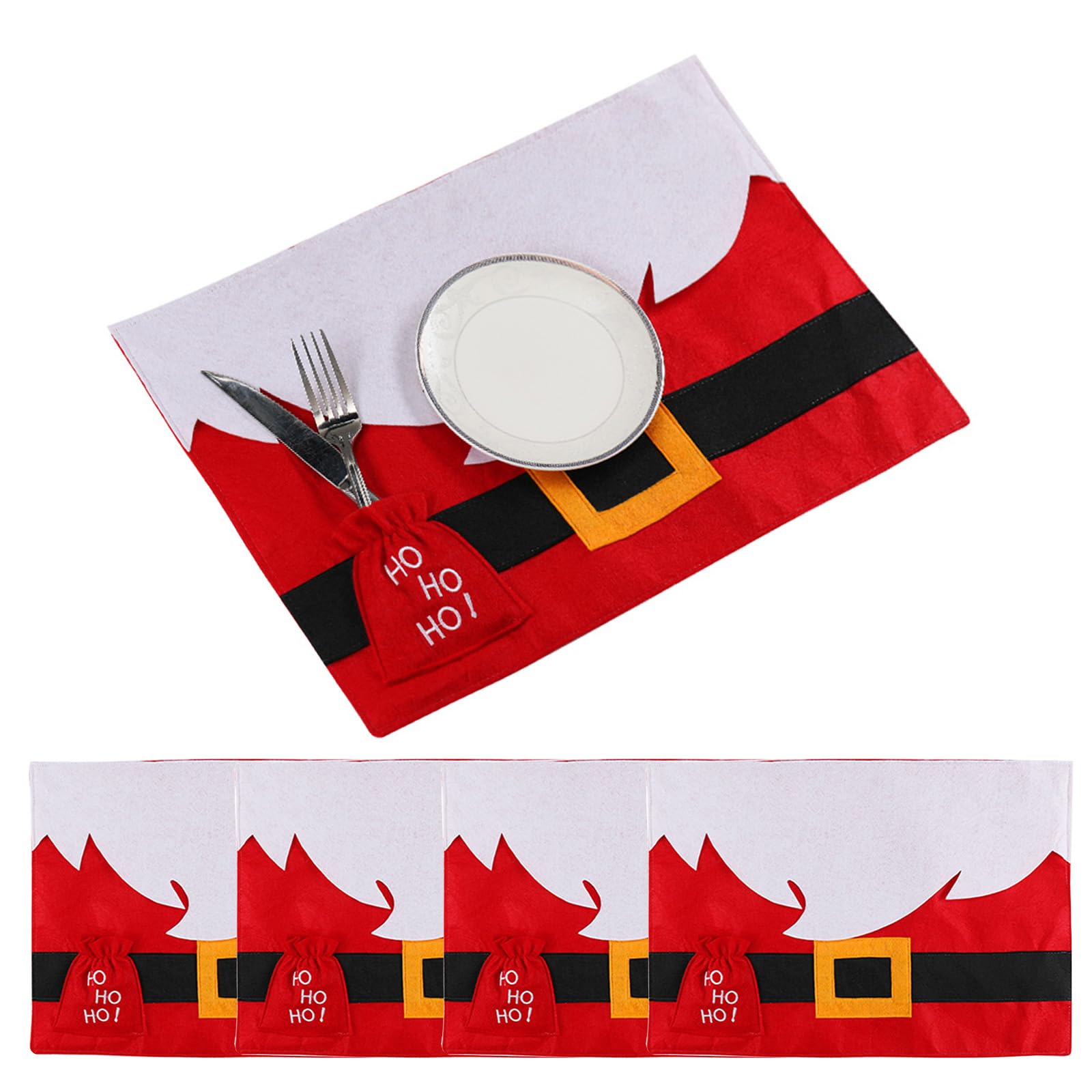 PLUSHCEWT 4 Piezas Mantel Individual Navideño Mantel Individual de Papá Noel Elfo con Mangas para Cubiertos Mantel Individual para Fiesta de Navidad Cocina Cena Navideña Decoración Navideños (Rojo)