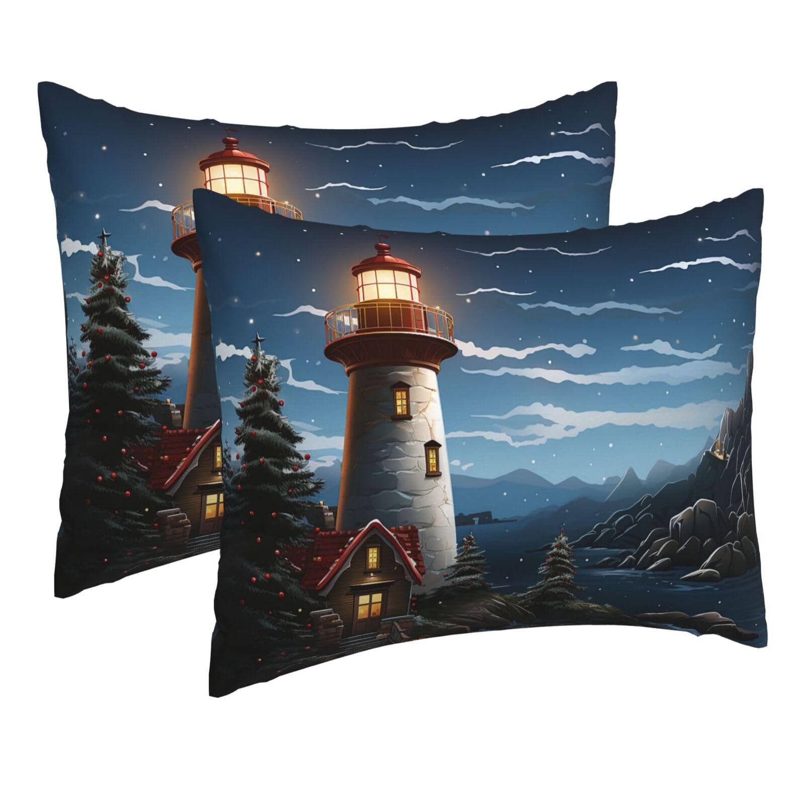 2 Pack Pillow Cases with Hidden Zipper, Soft Breathable Pillow Covers for Hair and Skin, Santa Claus Lighthouse Pillowcases 16"x20" Bed Pillow Protectors Cover for Sleeping Gifts