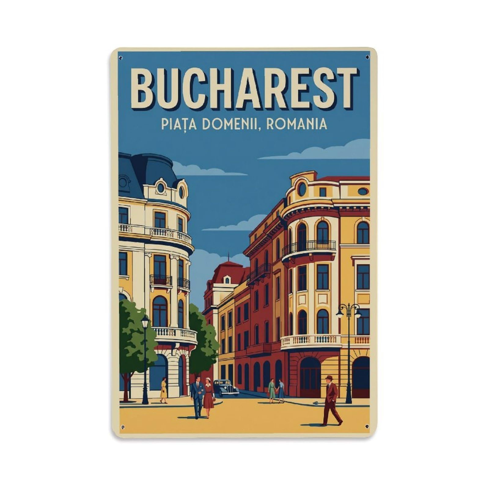 Vintage Travel Bucharest Piata Domenii Clean Romania Metal Tin Sign Plaque Wall Decor for Cafe, Club Bar, Office, Home Garden Metal Poster 8x12Inch
