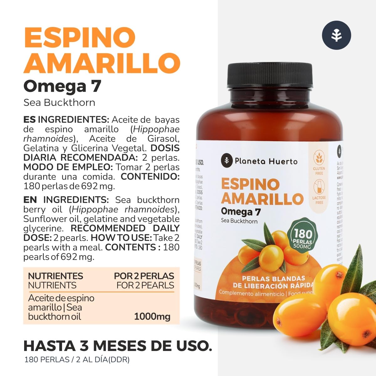 PLANETA HUERTO | Omega 7 180 Cápsulas Suplemento Natural Rico Vitaminas A, B1, B2, C, E y K - Omega 7 Acción Antiinflamatoria y Antioxidante