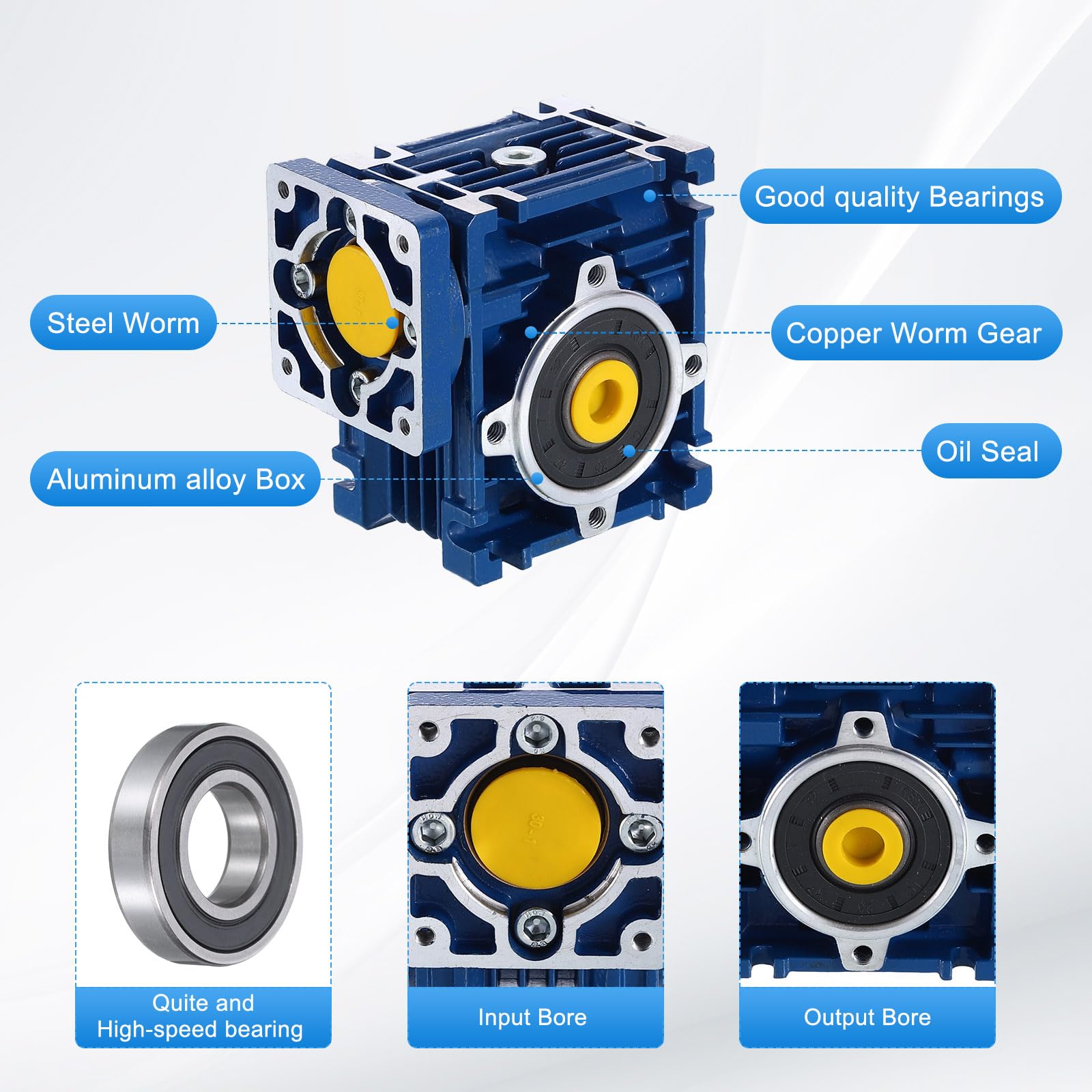 QUARKZMAN NMRV030 Schneckengetriebe Übersetzungsverhältnis 50:1 14mm Ausgangswelle Hochdrehmoment Schneckengetriebe Drehzahlreduzierer Für Nema24 Schrittmotor/Nema23 Servomotor Blau