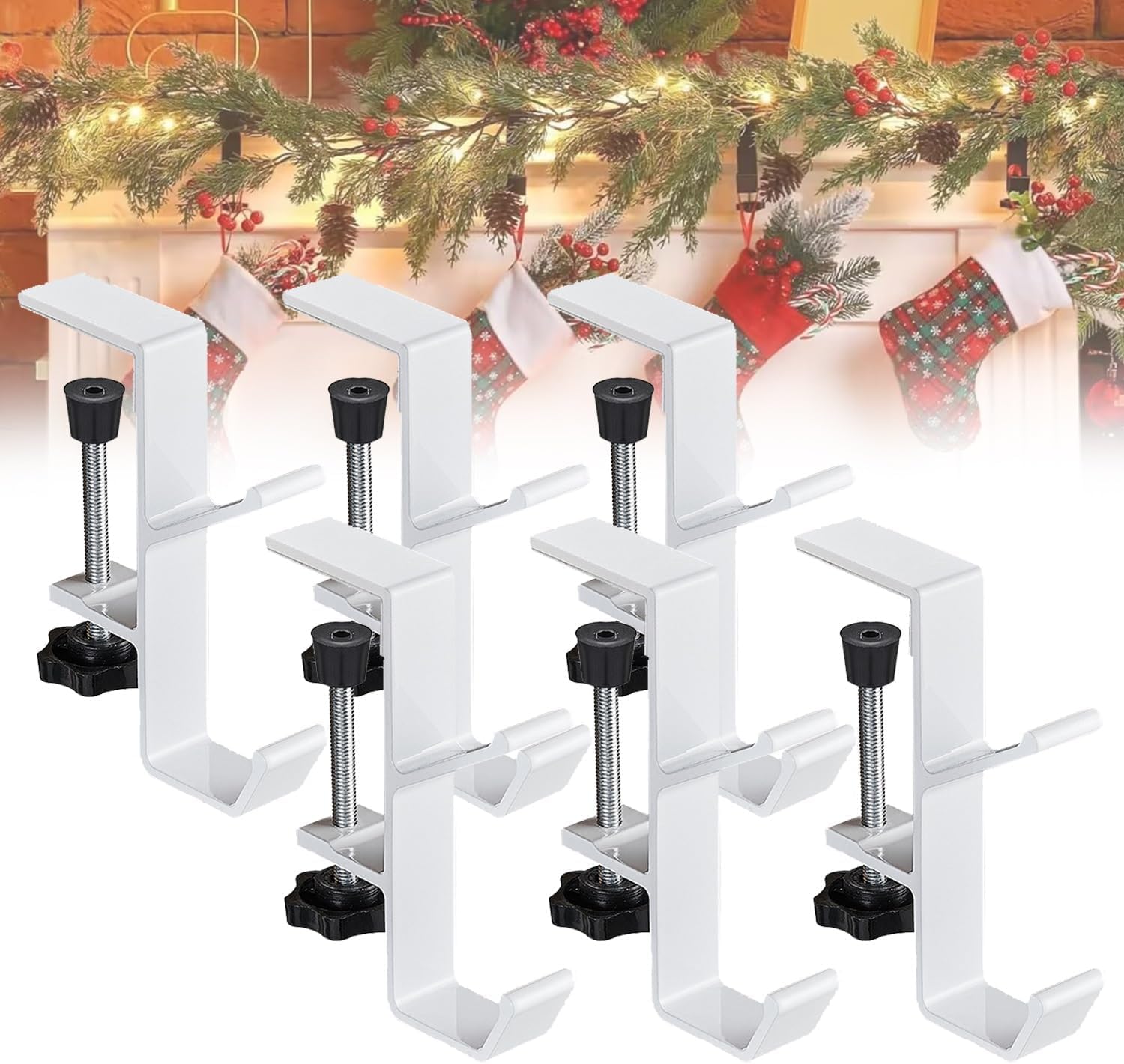 Asslye White Fireplace Stocking And Garland Hanger For Mantel,2 In 1 Garland And Stocking Mantel Holders With 2 Hooks,Adjustable Heavy Duty Stocking Hooks,No Drill Christmas Stocking & Garland Hanger (, 6Pcs)