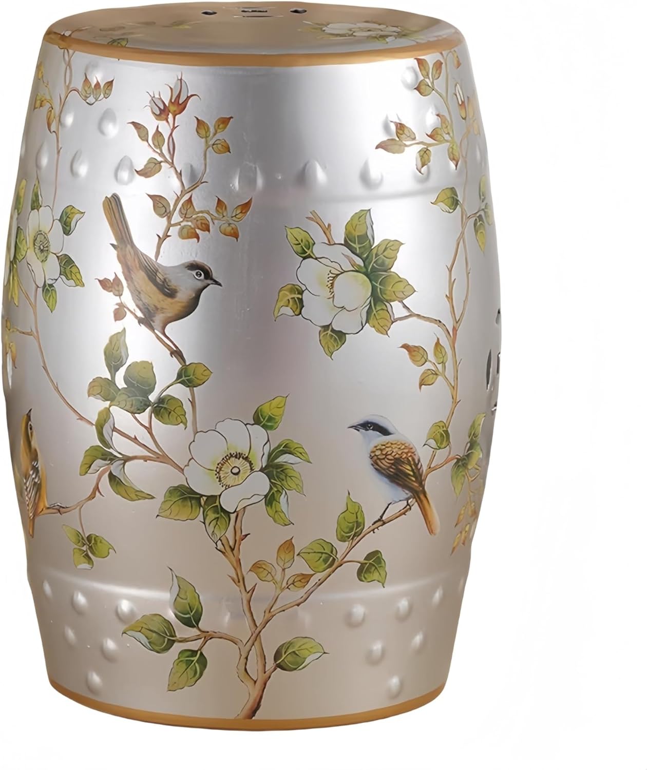 Ceramic Garden Stool,Chinoiserie Decor,Chinese Drum Stools,Side Tables Living Room,Glazed Hand-Painted Flower and Bird,Classic,French Country,for Indoor,Outdoor,Terrace,Patio,Cottage(White)
