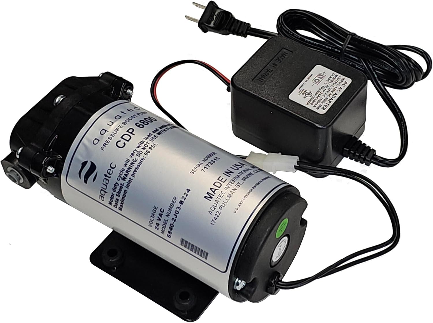 Aquatec 6840-2J03-B224 booster pump + Alton 1 Amp 24V AC transformer power supply adapter for up to 75 GPD small RO systems, not for tankless RO, not for misting nozzles