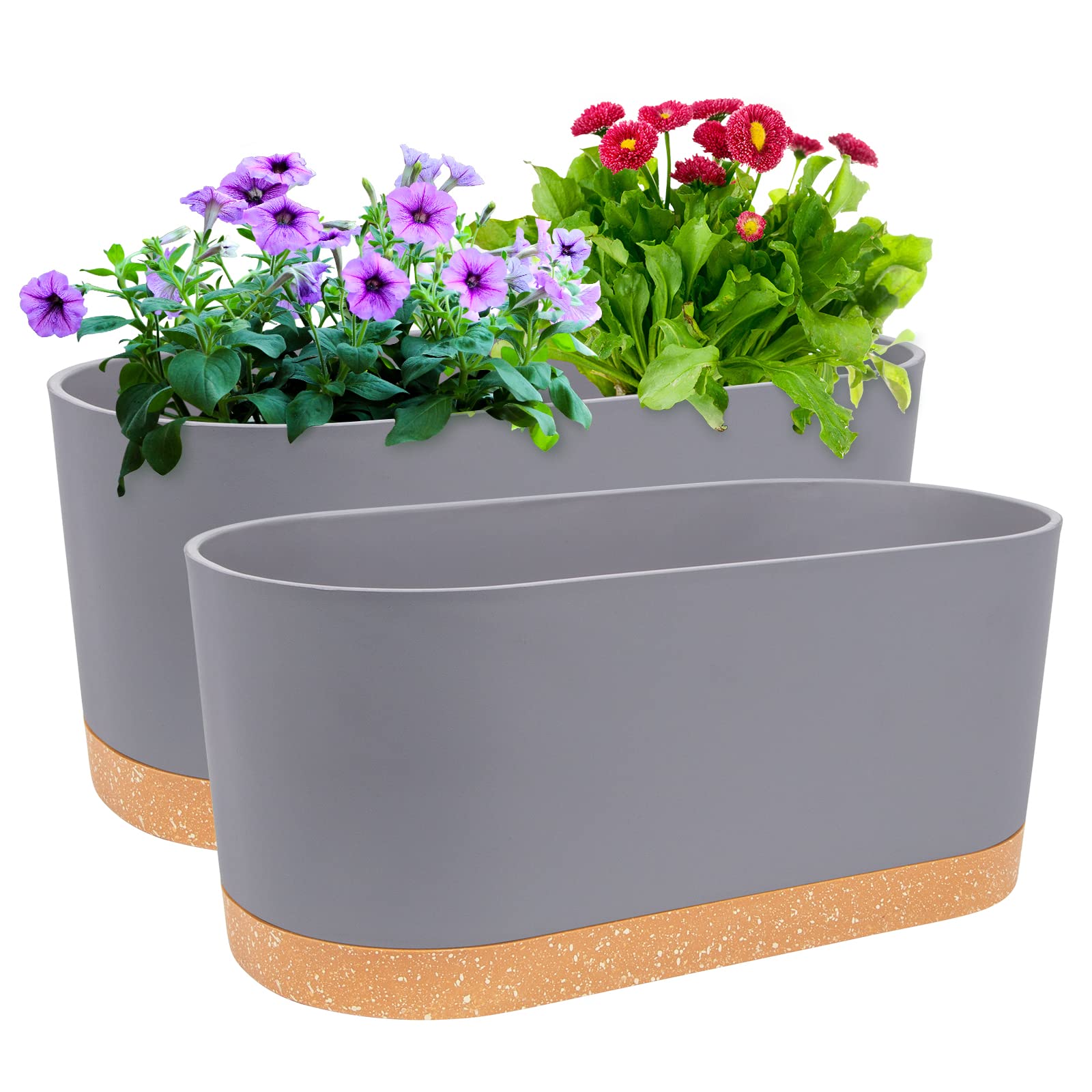 QCQHDU 2 Pack Window Boxes Planters,16”x 7" Self Watering Pots with Drainage Holes and Trays,Indoor Home Garden Modern Decorative Plant Pot for All House Plants Flowers Herbs (Light Grey)
