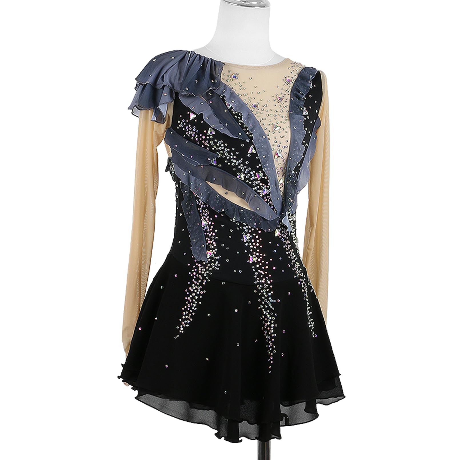 Vestido Patinaje Artístico Mujer Negra Manga Larga/Sin Mangas Pedrería Hecha a Mano Maillot Competición de Niña Vestido de Baile Latino