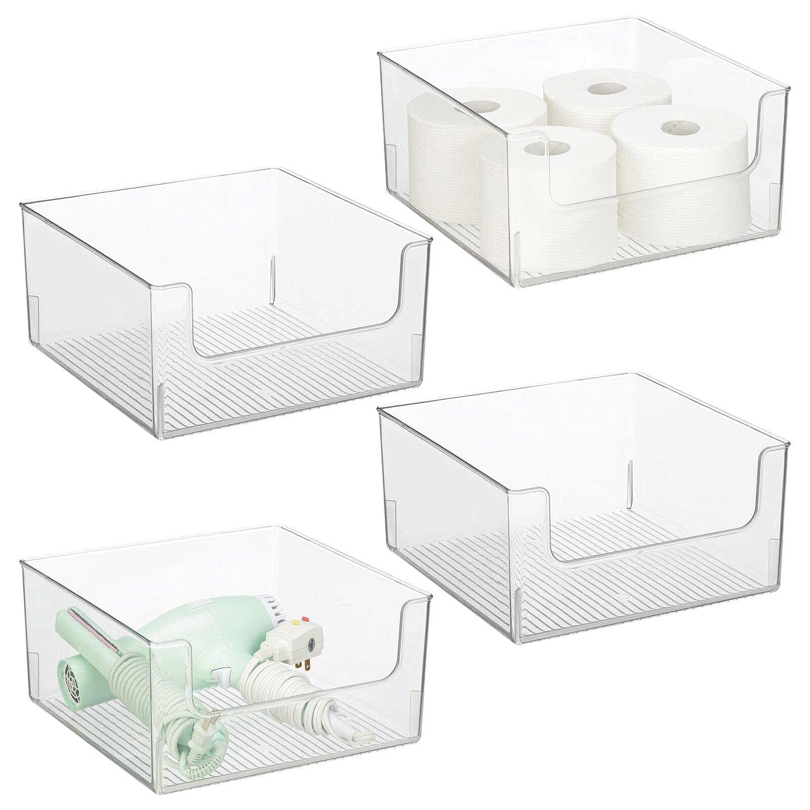 mDesign Modern Wide Plastic Open Front Dip Storage Organizer Bin Basket for Bathroom Organization - Vanity Shelf, Cubby, Cabinet, and Closet Organizing Decor - Ligne Collection - 4 Pack - Clear