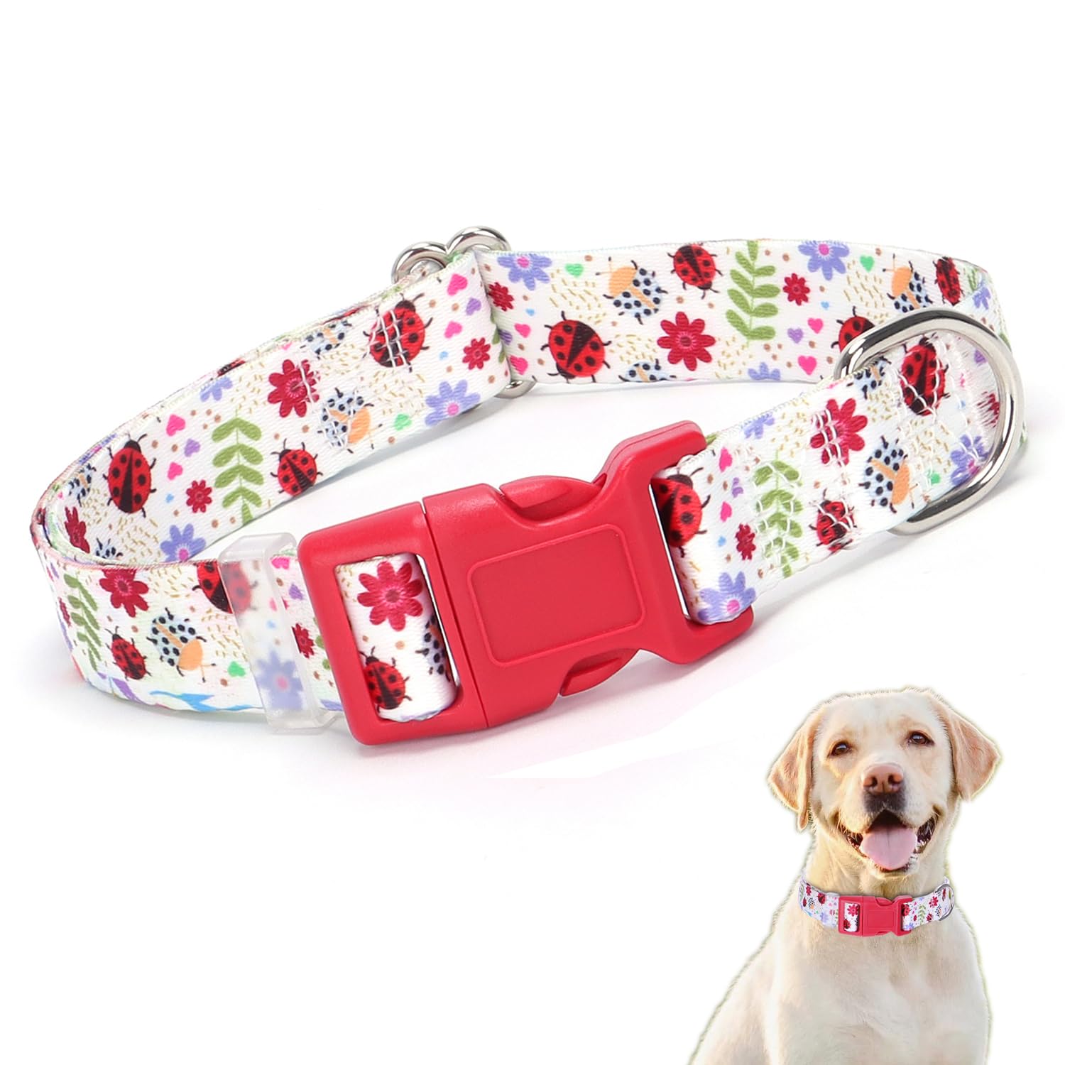 Large Dog Collar Girl, Pretty Flower Pattern Design Quick Release Buckle Soft Nylon Female Dog Collars Adjustable for Small Medium Large Pet Dogs,