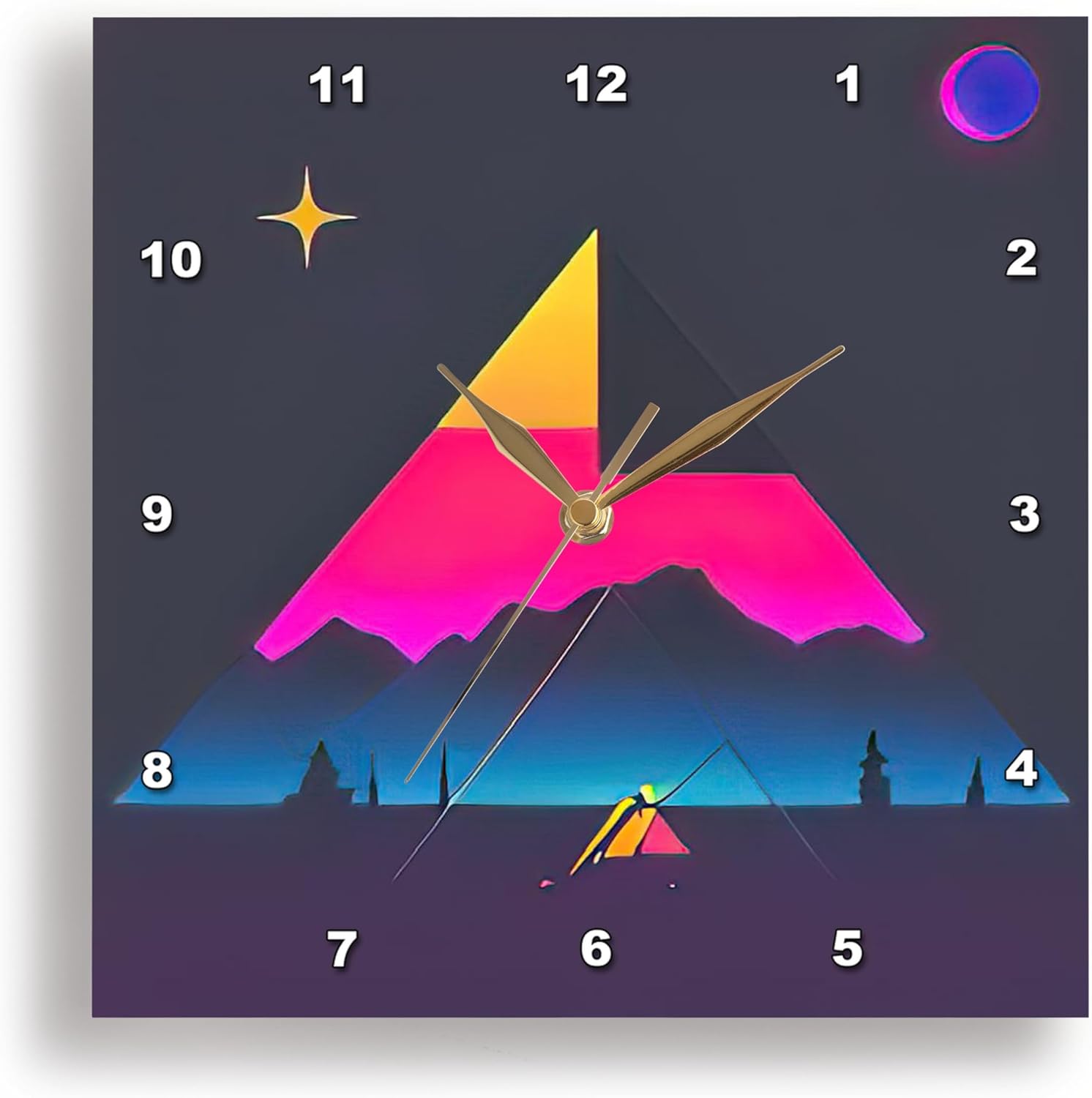 3dRose Wall Clock Silent - 15 inch - Stylish Abstract Art of a Colorful Tent, Mountain, Moon, Star Gift - Alexis Design - Happy Camper