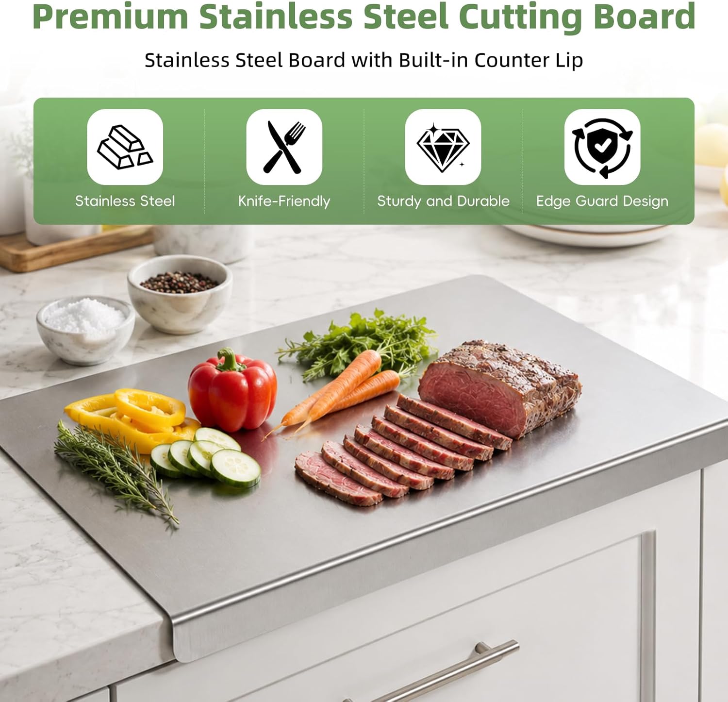 Large Stainless Steel Cutting Board with Lip for Kitchen - L-Shaped Double Sided Metal Chopping Board with Counter Edge for Meat, Fruits, Vegetables, Kneading Bread Dough Baking (19.7x15.7Inch)