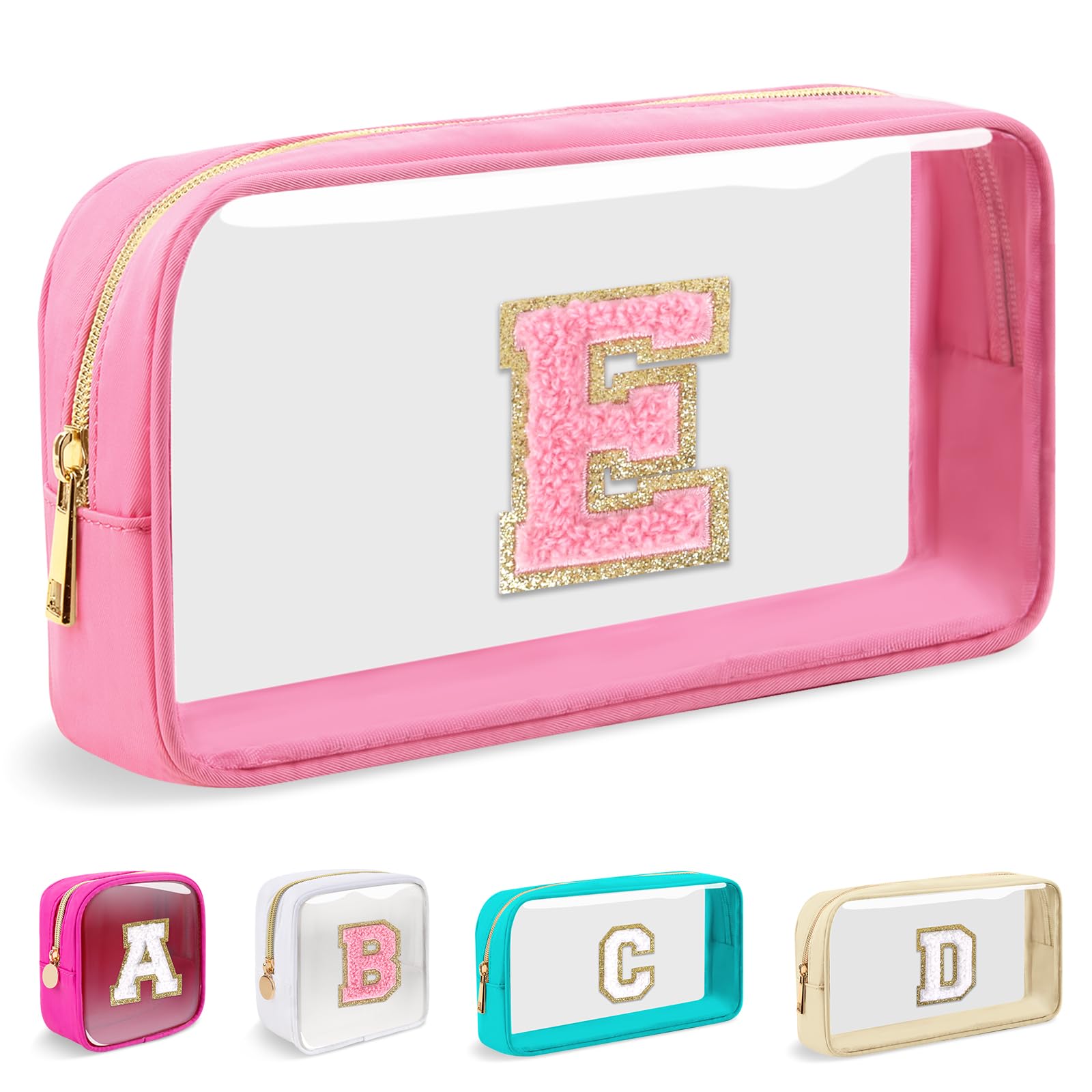 Small Clear Personalized Initial Makeup Bag,Nylon Preppy A-Z Chenille Letter Patch Cosmetic Pouch Beach Toiletry Bag,Waterproof Zipper Travel Purse