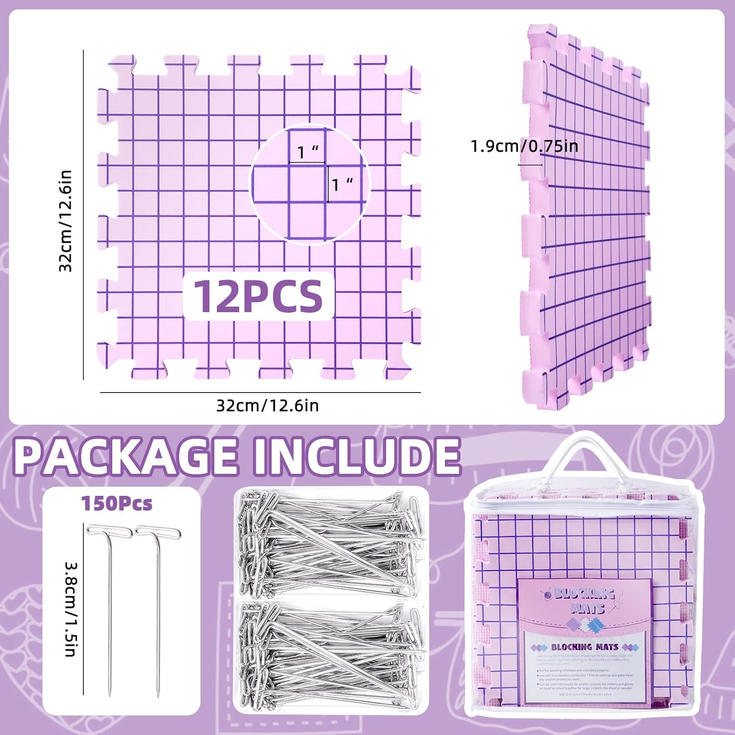 Uotey 12 Pcs Knit Blocking Mats and Pins, Blocking Mats for Knitting & Crochet Projects, 0.75-inch Thick Knitting Blocking Mats with 150 T-Pins and Storage Bag, Blocking Board for Crocheting