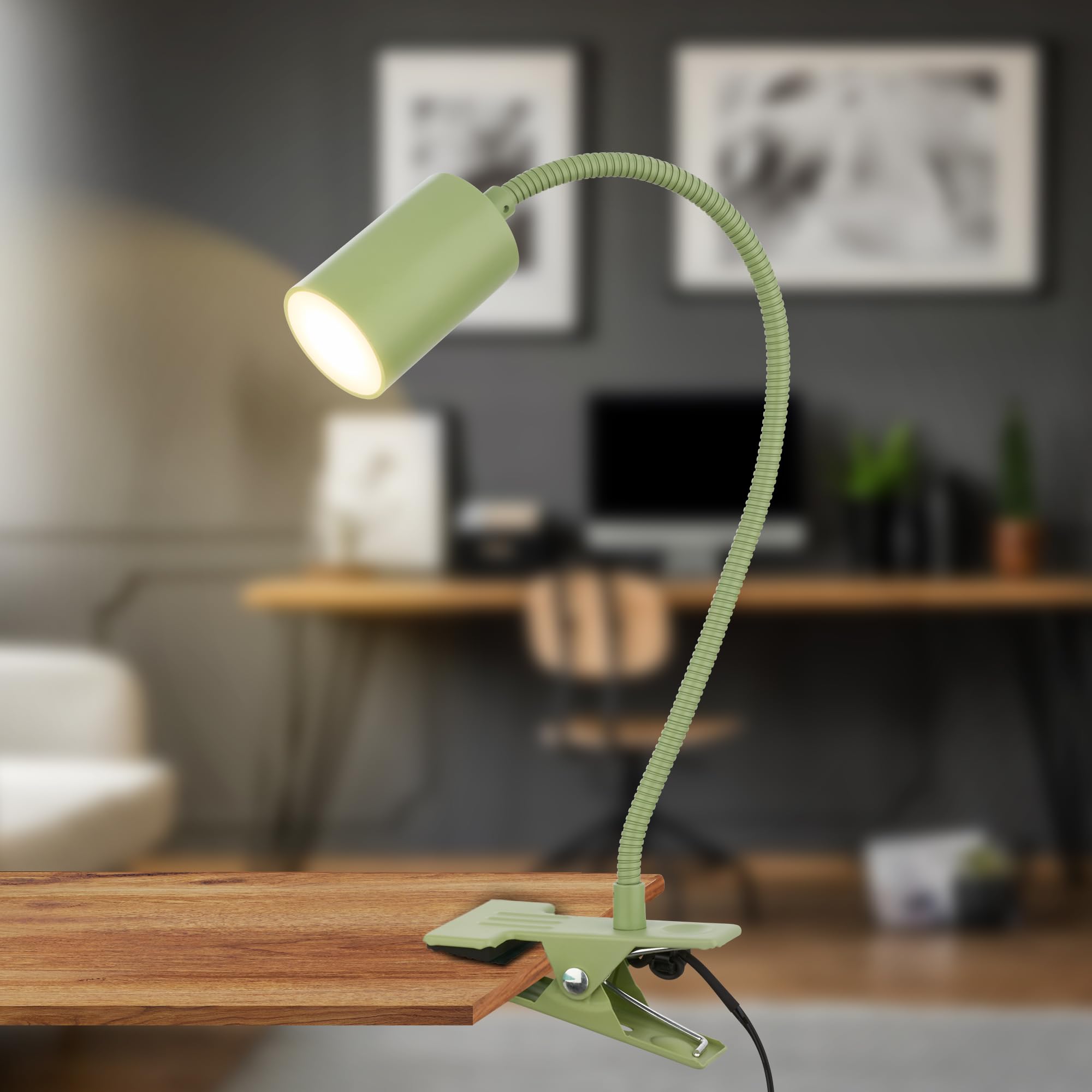 BRILONER - Lámpara de escritorio con interruptor de cable, color de luz blanco cálido, orientable, enchufe, lámpara de lectura, lámpara de pinza,lámpara de oficina, 40 cm de altura, verde