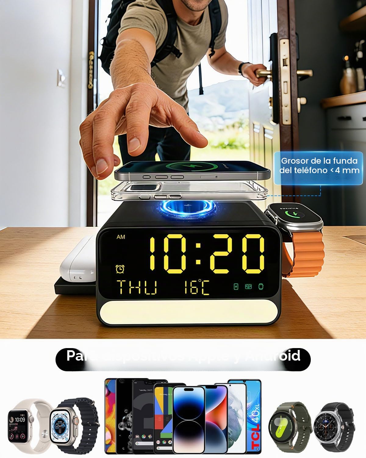 Estación de carga inalámbrica 7 en 1 con despertador, luz nocturna con control de voz, temperatura y fecha, adaptador de 33W, soporte de carga rápida compatible con iPhone Samsung, Apple/Samsung Watch