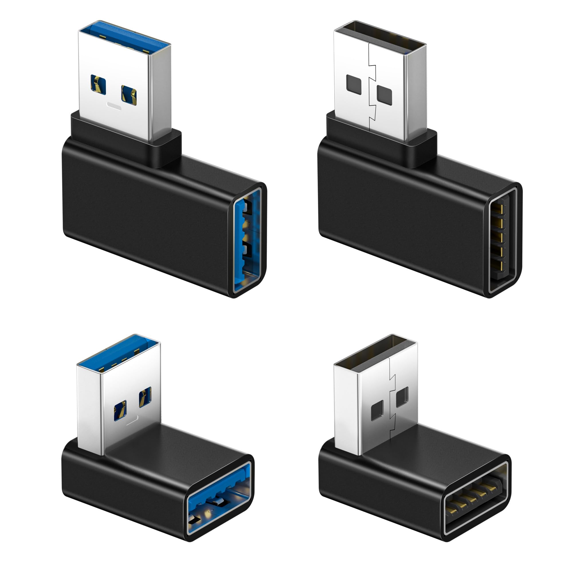 Basesailor Adapter USB 3.0 90 Stopni 4 Sztuk,Kątowy Przedłużacz USB typu L | 5Gbps Adapter USB A męski na żeński,lewo- i prawokątny do Laptop,PC,ładowarka Typ A,Power Bank,CarPlay,drukarka,klawiatura
