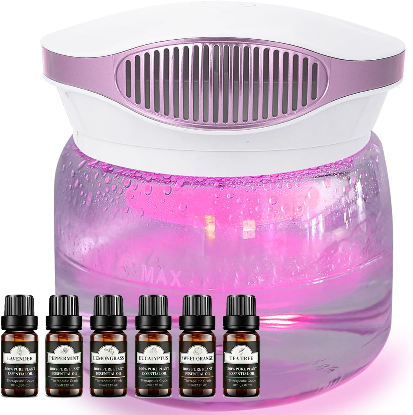 Water Air Purifiers for Home (Purple) and Essential Oils Set (Lavender, Rose, Lemon, Orange), 20ml Each