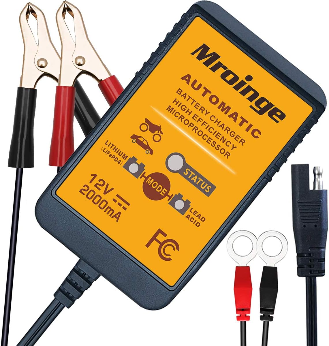 Mroinge MBC022, 12V 2A Lead Acid & Lithium(LiFePO4) Automatic Trickle Battery Charger Smart Battery Maintainer for Car Motorcycle Lawn Mower Boat ATV SLA AGM Gel Lithium(LiFePO4) and More Batteries
