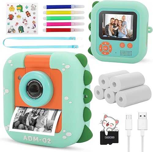 Cámara de impresión instantánea para niños, cámara instantánea sin tinta para niños con tarjeta TF de 32 G y 5 rollos de papel de impresión, cámara