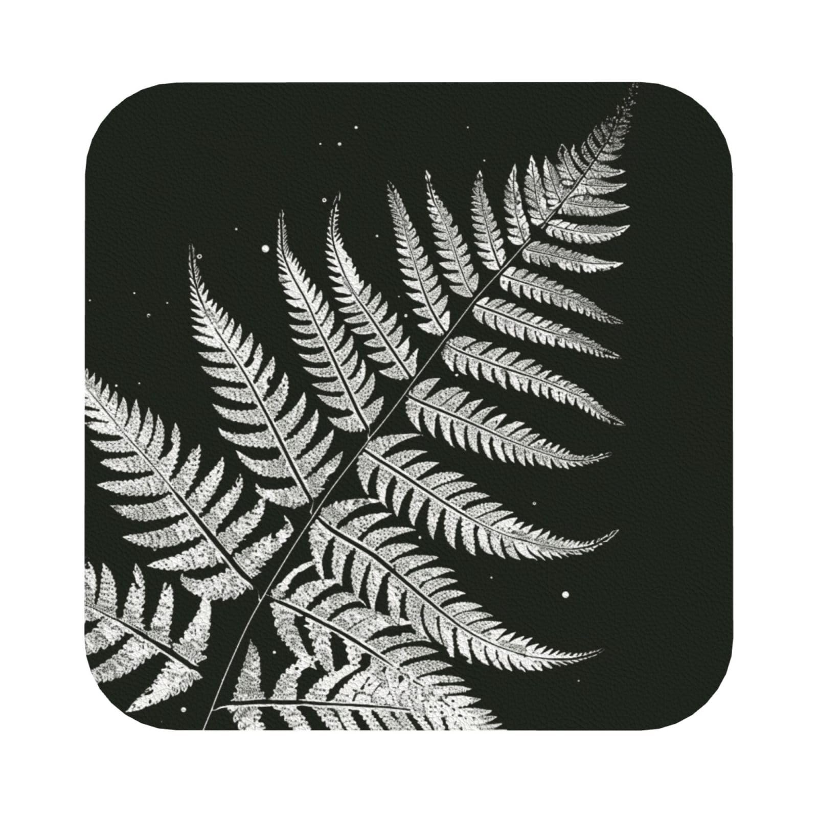 natural plant silhouette fern leaf Print Leather Coaster Set of 6, Square Coasters Table Decorative Coffee Cup Beverage Coasters Wine Beer Bar Coasters for Hot Drinks Table Protection