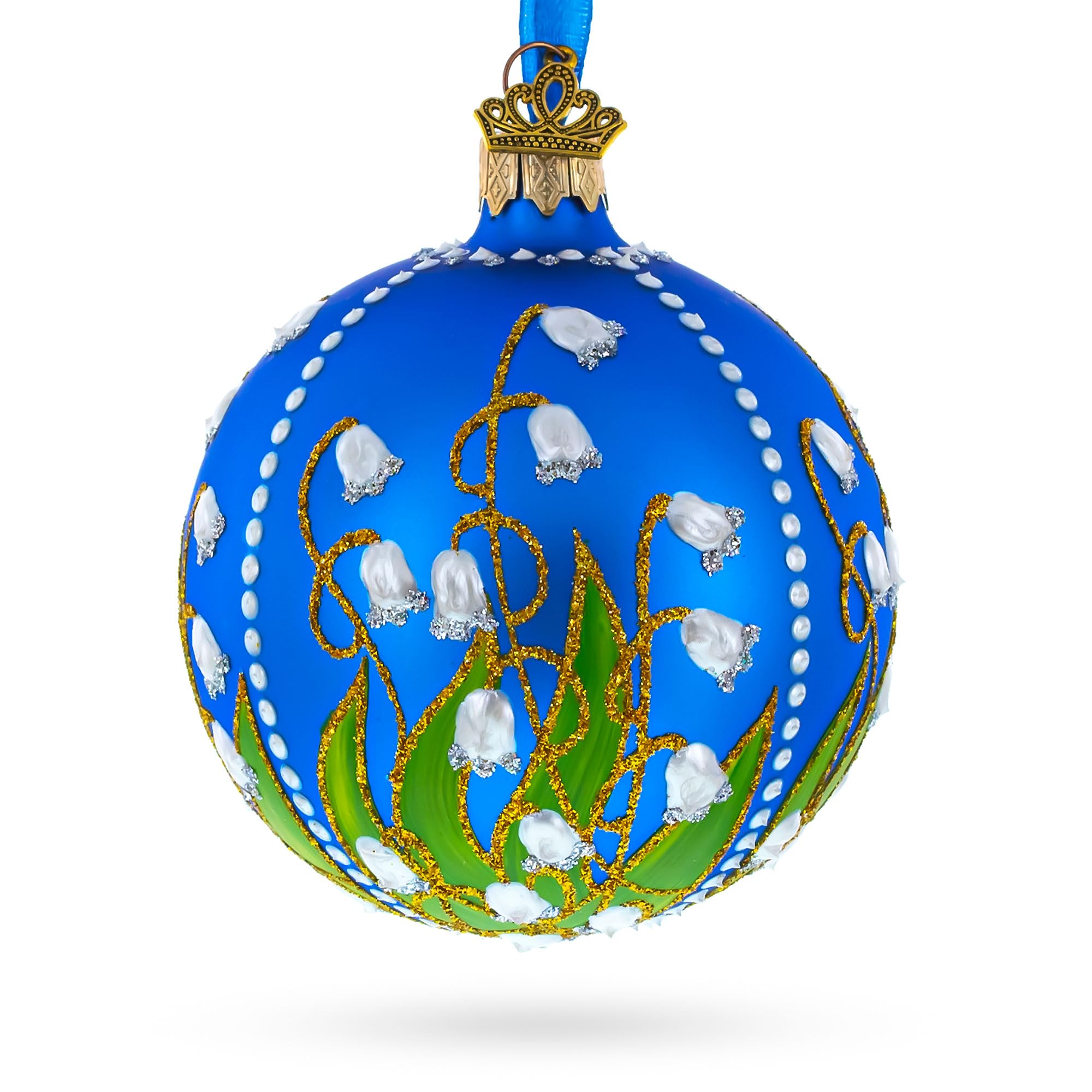 Boule de verre bleue muguet BestPysanky pour décoration de Noël élégante